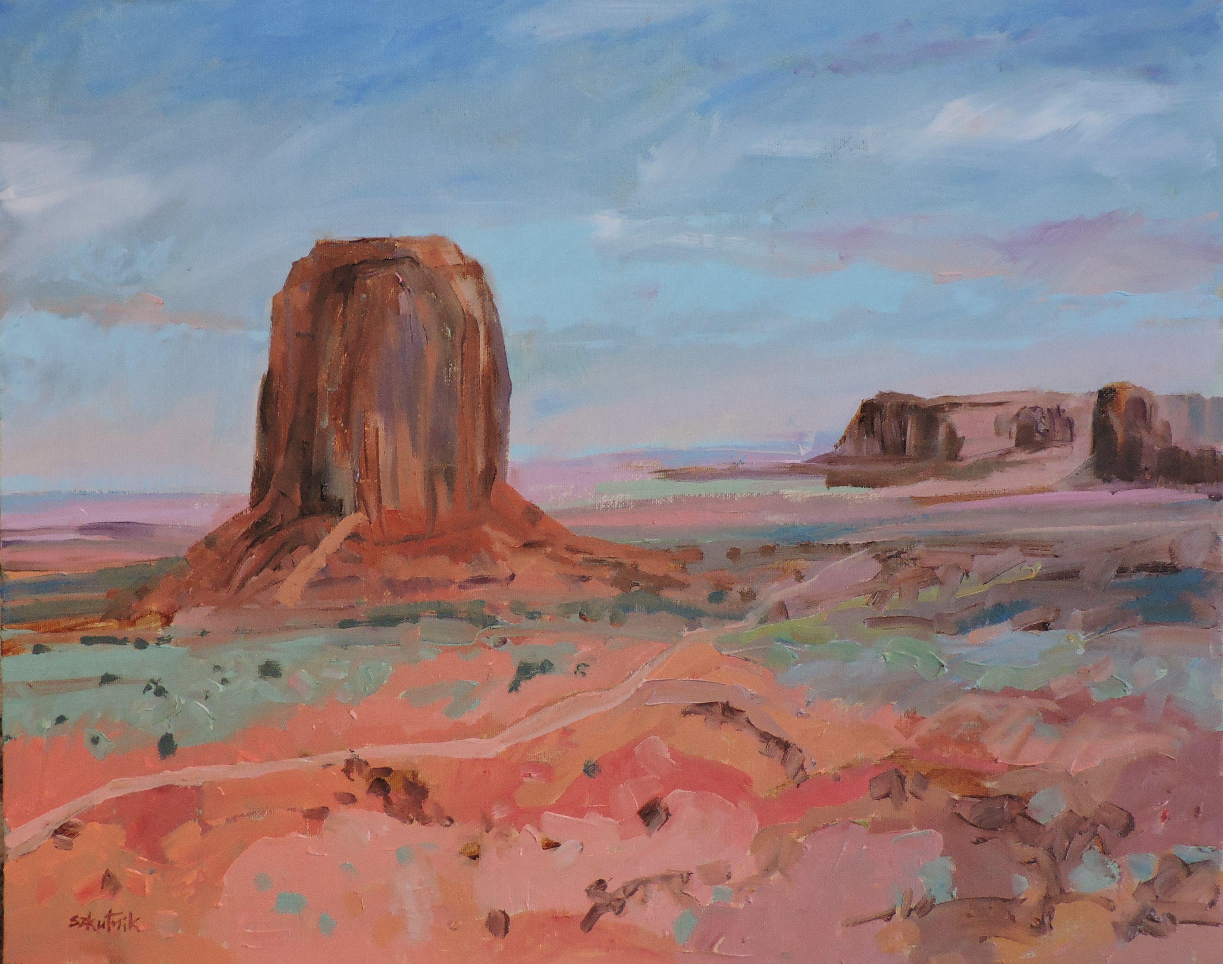Monument Valley original oil on panel paint in contemporary impressionism style :: Painting :: Impressionist :: This piece comes with an official certificate of authenticity signed by the artist :: Ready to Hang: No :: Signed: Yes :: Signature