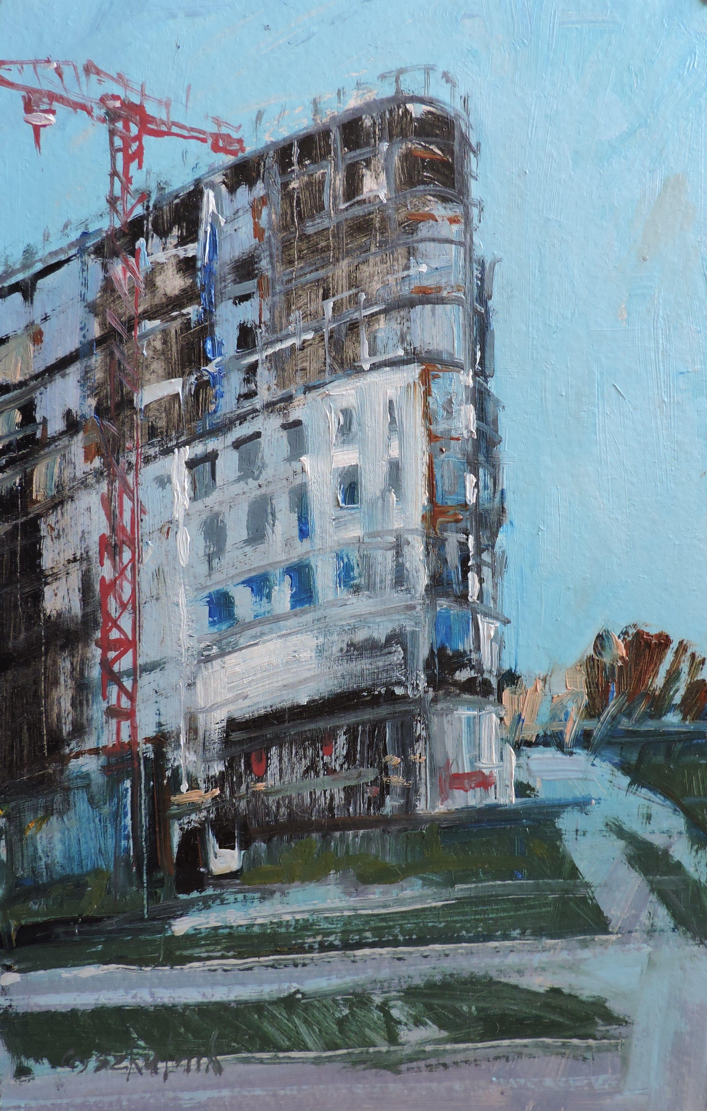 Nuova costruzione, Pittura, Olio su pannello di Wood - Painting di Richard Szkutnik