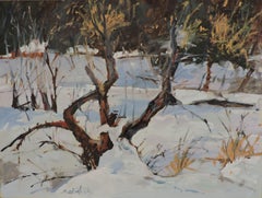 Schnee, Gemälde, Öl auf Holzplatte