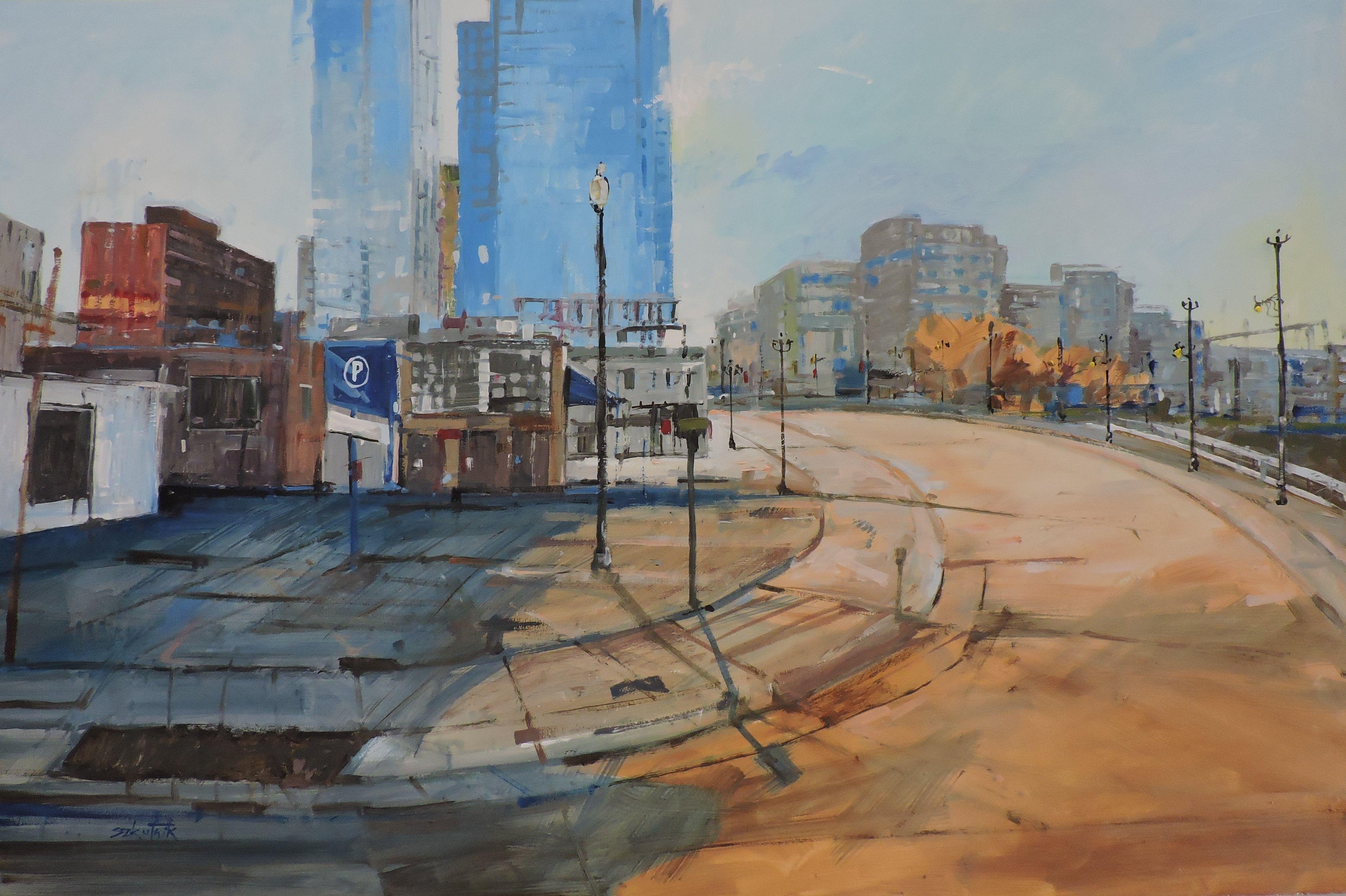 Parcheggio, Pittura, Olio su tela - Painting di Richard Szkutnik