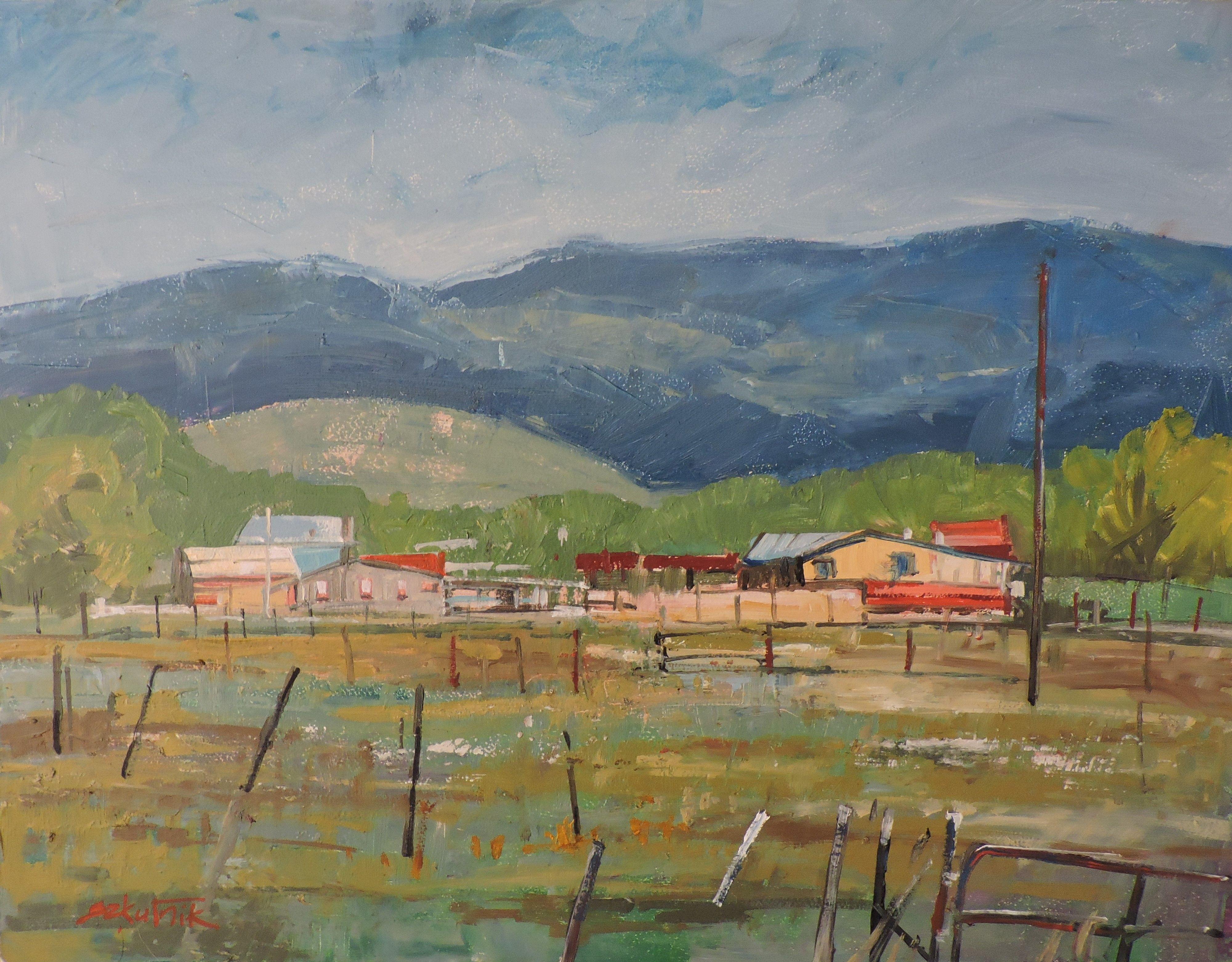 Pueblo Picuris, Pittura, Olio su pannello di Wood - Painting di Richard Szkutnik