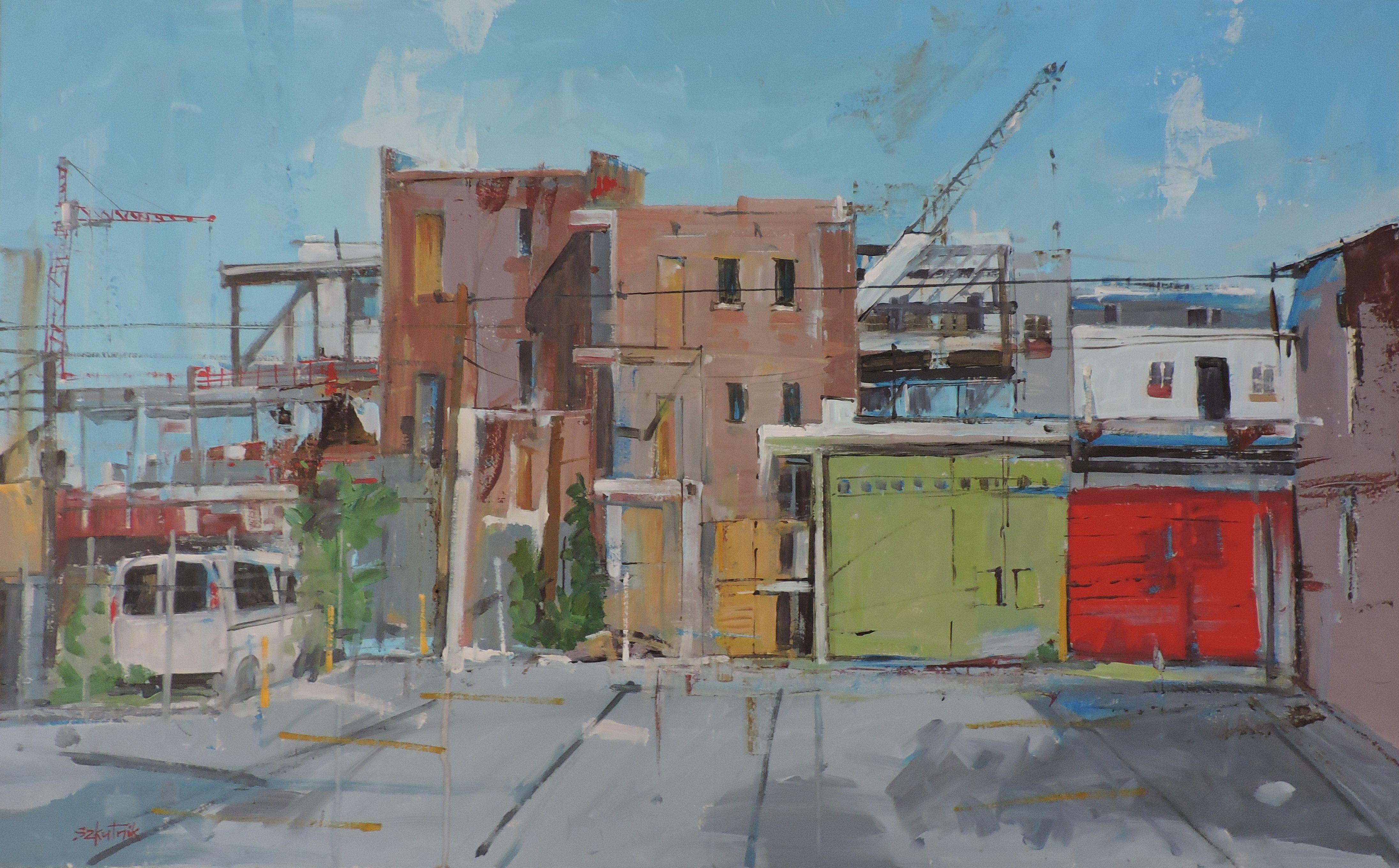Garage rosso, Pittura, Olio su tela - Painting di Richard Szkutnik