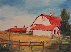 Red Roofs Farm, Gemälde, Öl auf Holzplatte