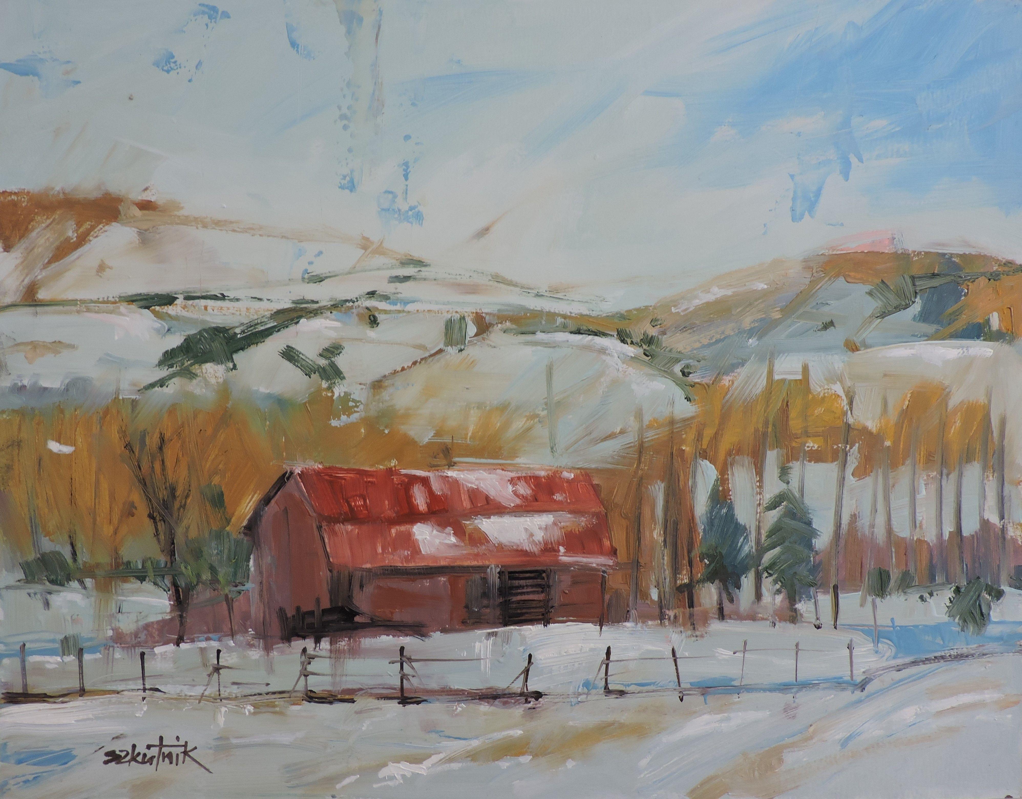 Landscape Painting de Richard Szkutnik - Granero con tejado de cañizo, Pintura, Óleo sobre panel de madera