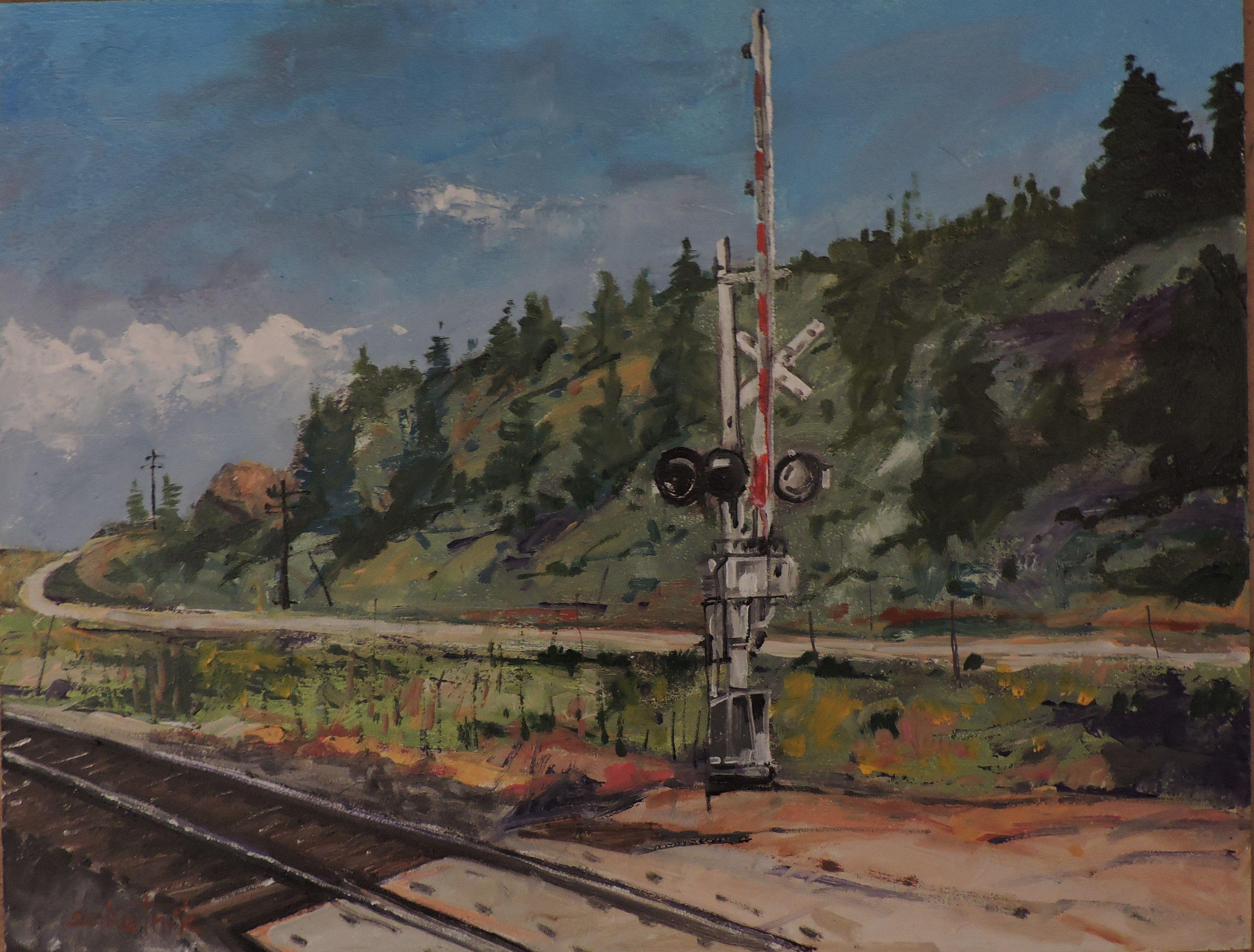 Svolta a destra, Pittura, Olio su pannello di Wood - Painting di Richard Szkutnik
