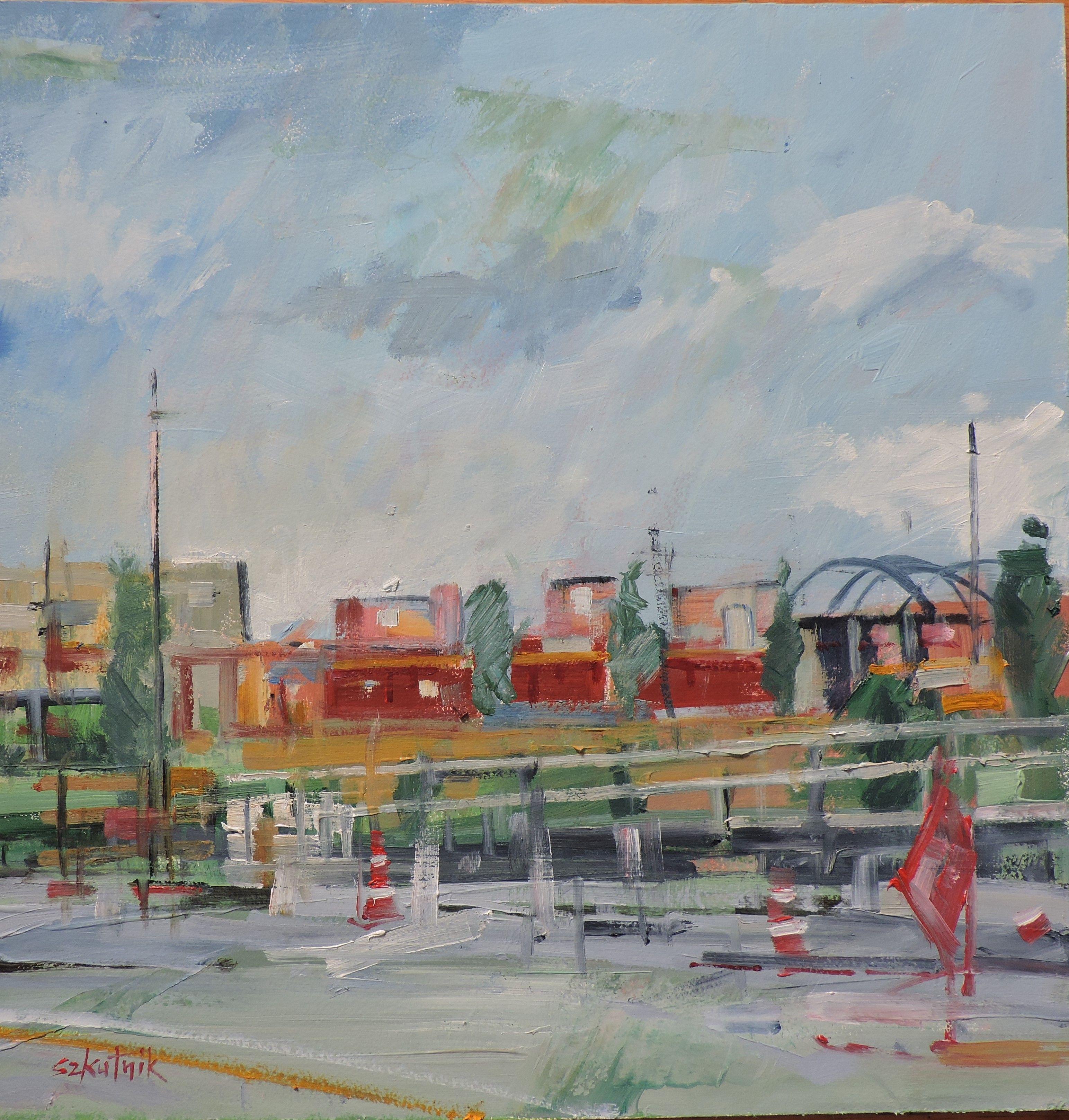Costruzione di strade, Pittura, Olio su altro - Painting di Richard Szkutnik