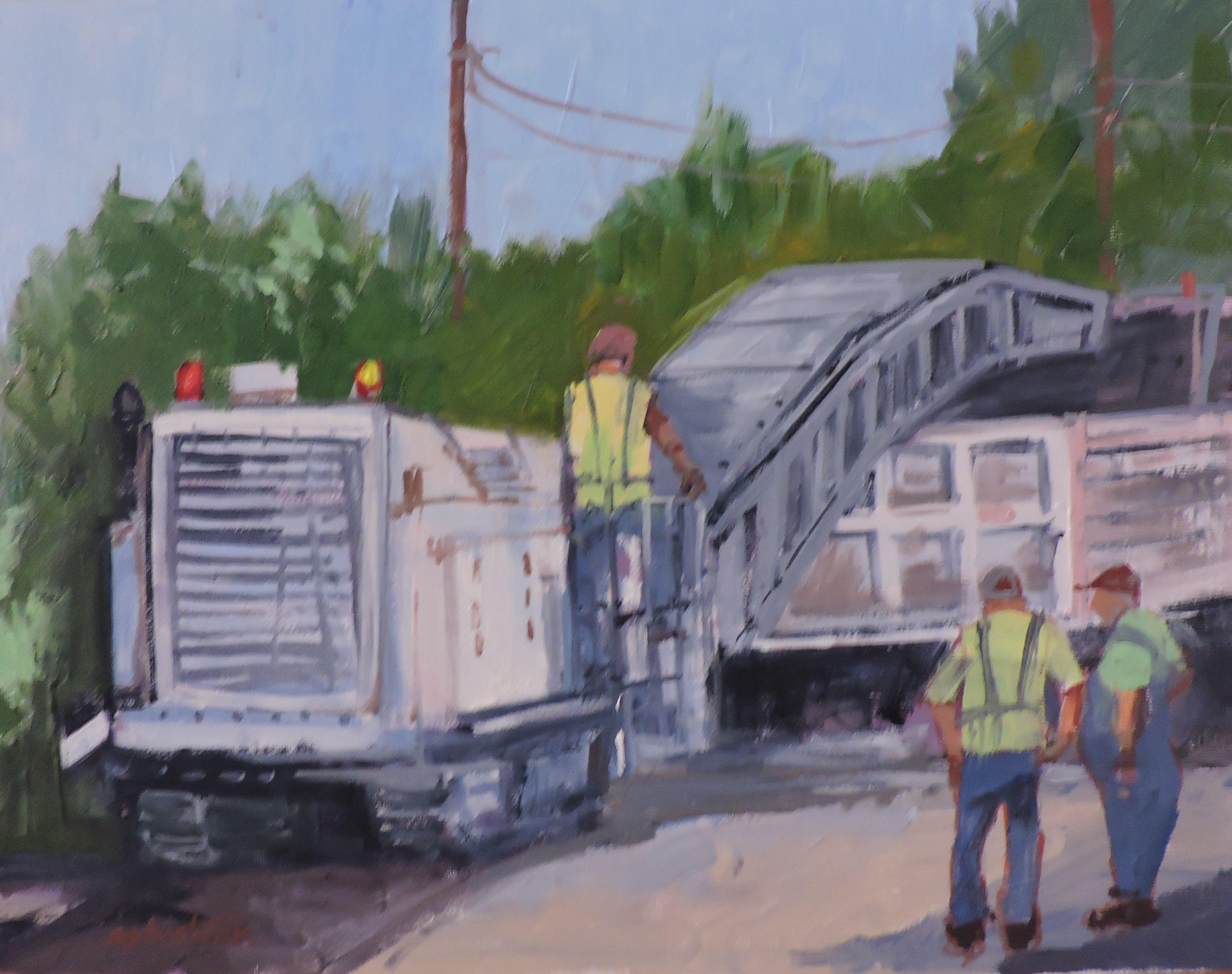 Painting is about road workers  original oil on panel :: Painting :: Impressionist :: This piece comes with an official certificate of authenticity signed by the artist :: Ready to Hang: No :: Signed: Yes :: Signature Location: front :: Other ::