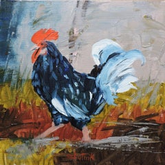 Rooster, peinture, huile sur panneau de bois