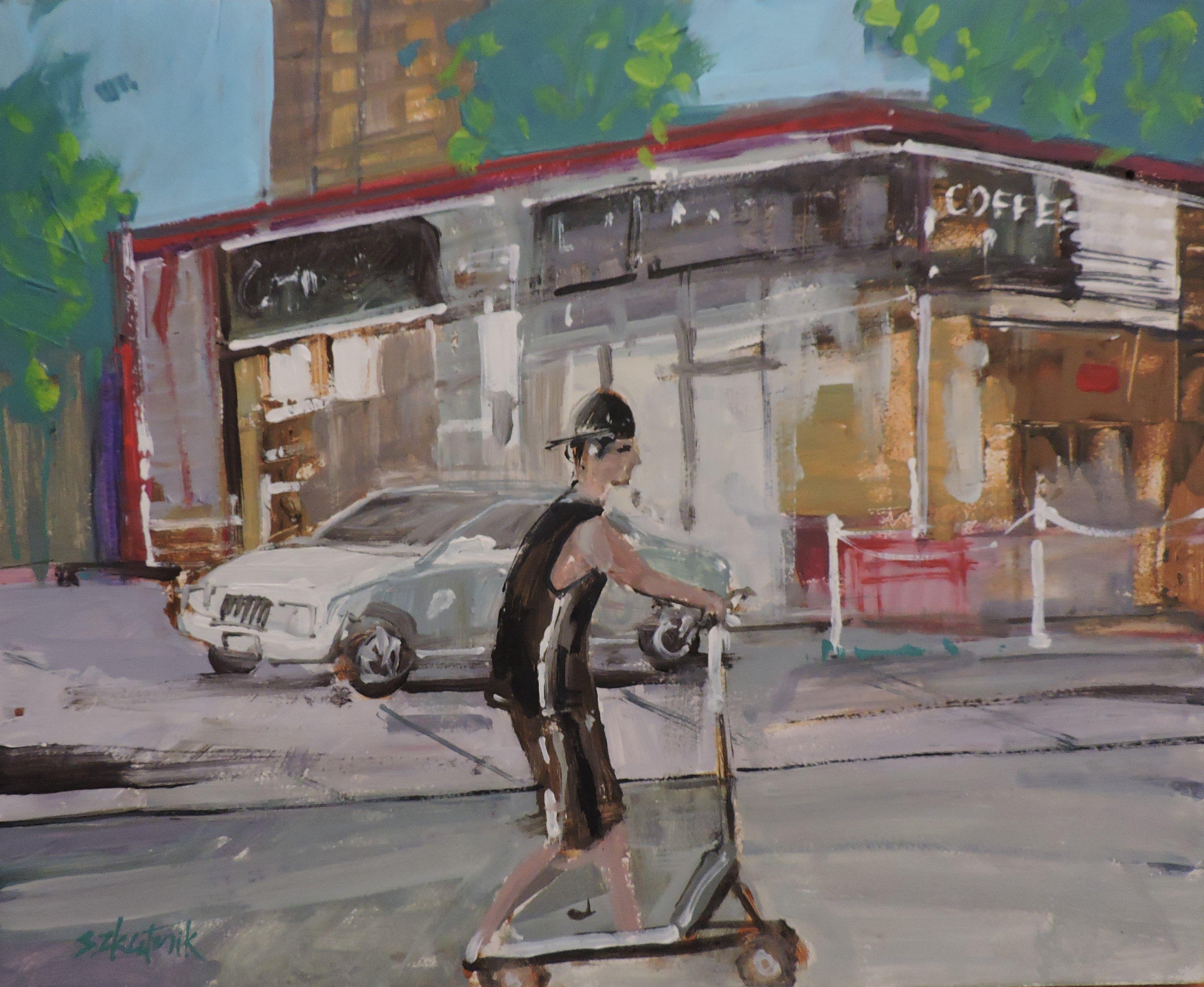 original oil on panel  street scene with boy ride scooter  :: Painting :: Impressionist :: This piece comes with an official certificate of authenticity signed by the artist :: Ready to Hang: No :: Signed: Yes :: Signature Location: front :: Other