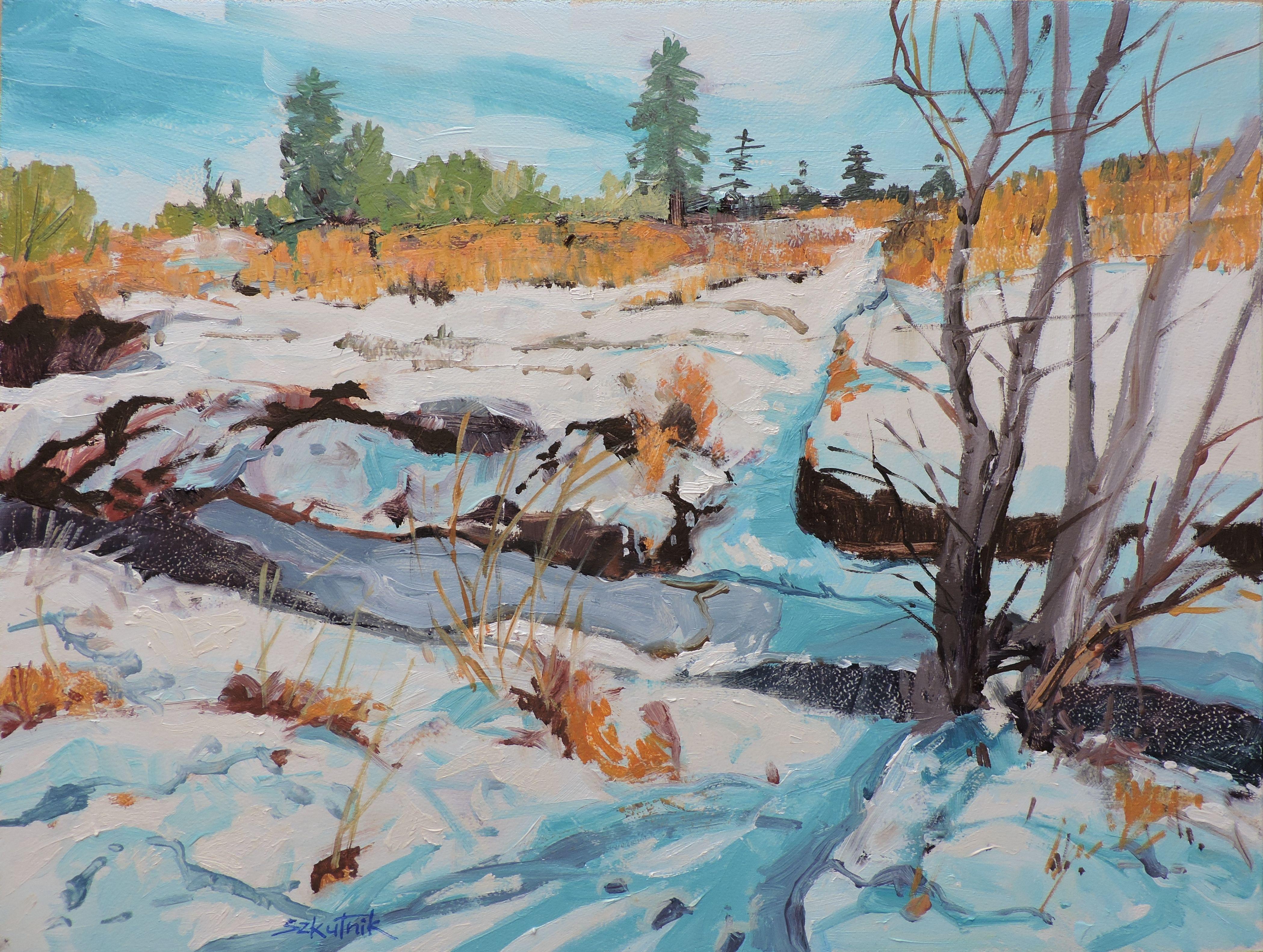 Winter en plein air landscape oil on panel painting :: Painting :: Impressionist :: This piece comes with an official certificate of authenticity signed by the artist :: Ready to Hang: No :: Signed: Yes :: Signature Location: front :: Wood Panel ::