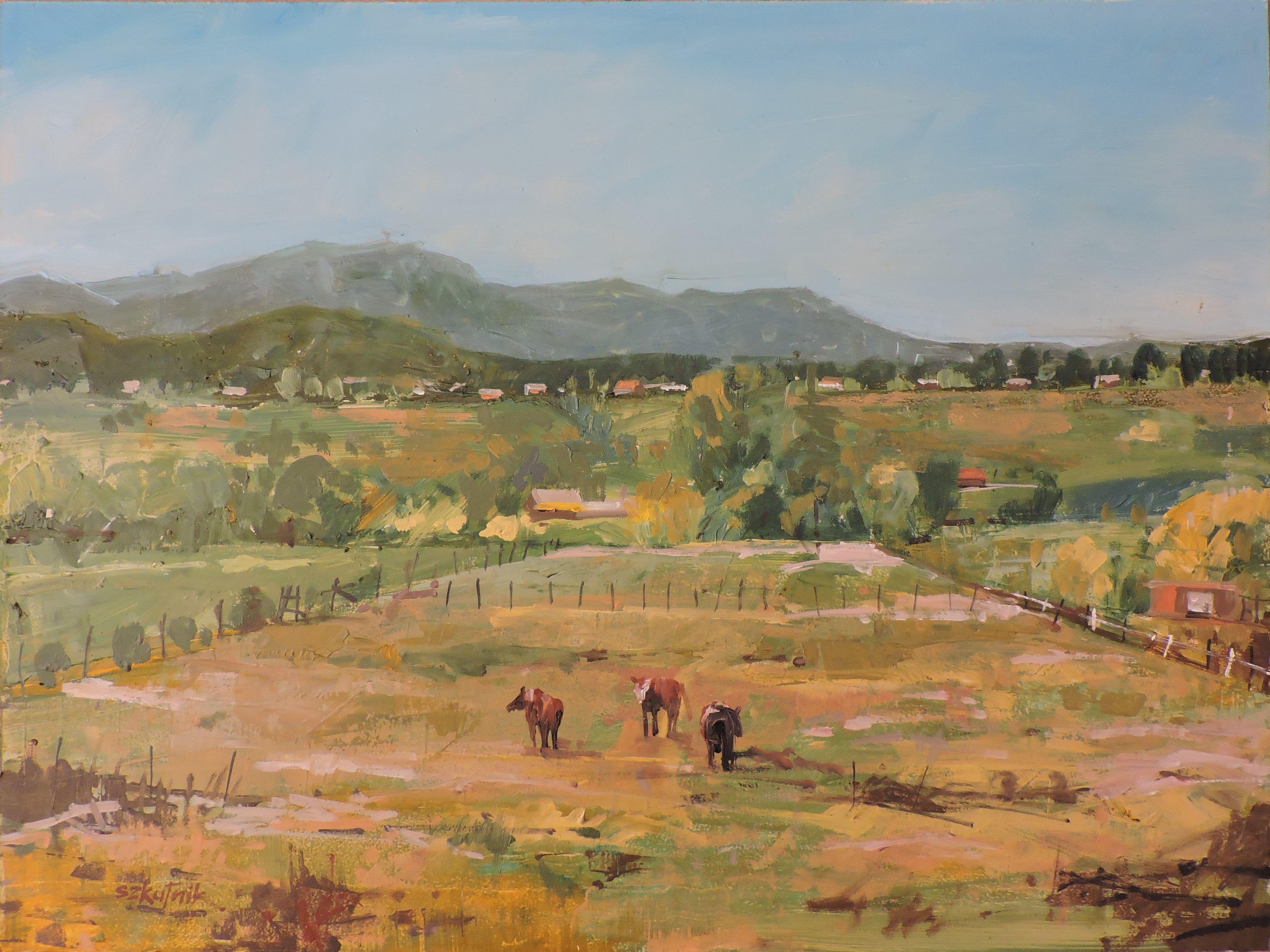Süd von Taos, Gemälde, Öl auf Holzplatte – Painting von Richard Szkutnik