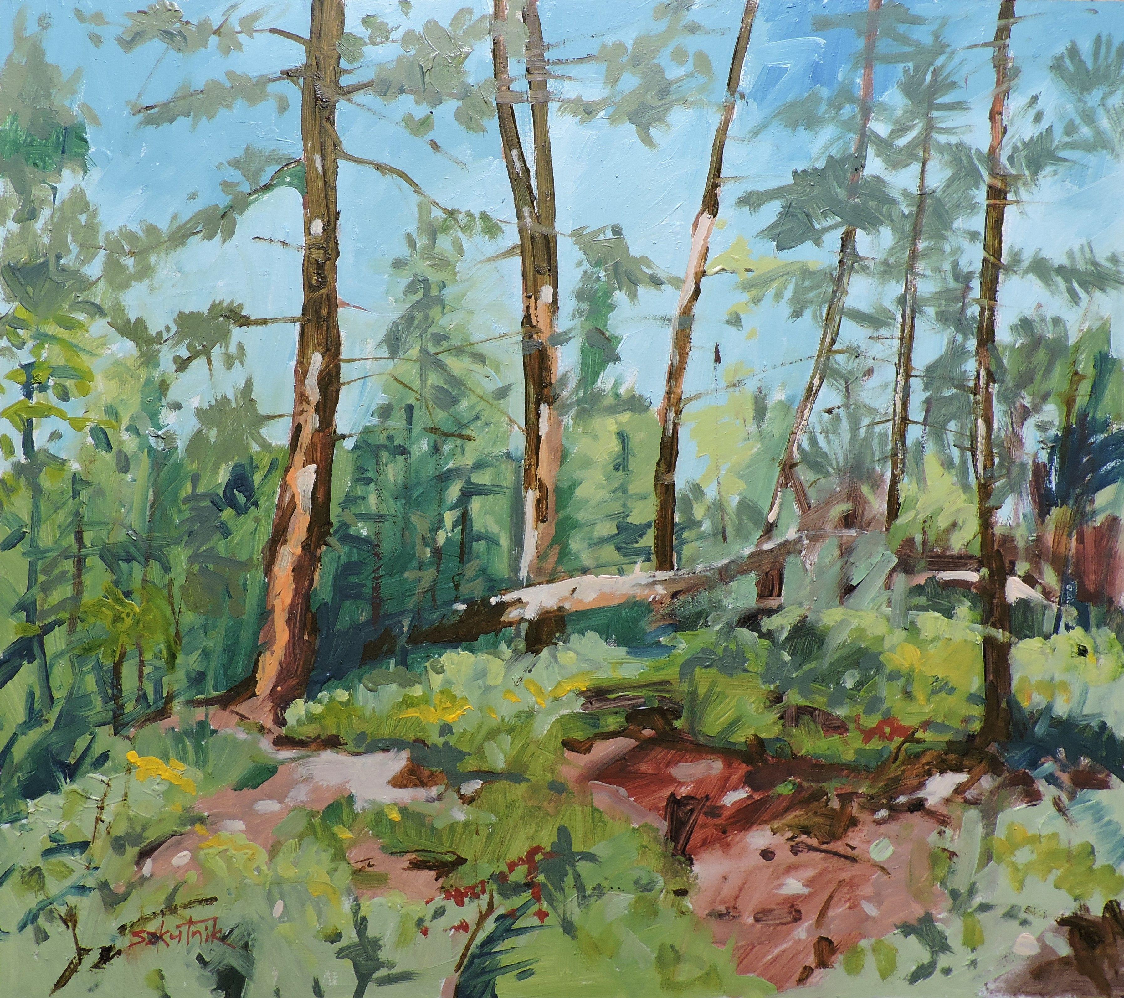 Forest d'été, peinture à l'huile sur panneau de bois - Painting de Richard Szkutnik
