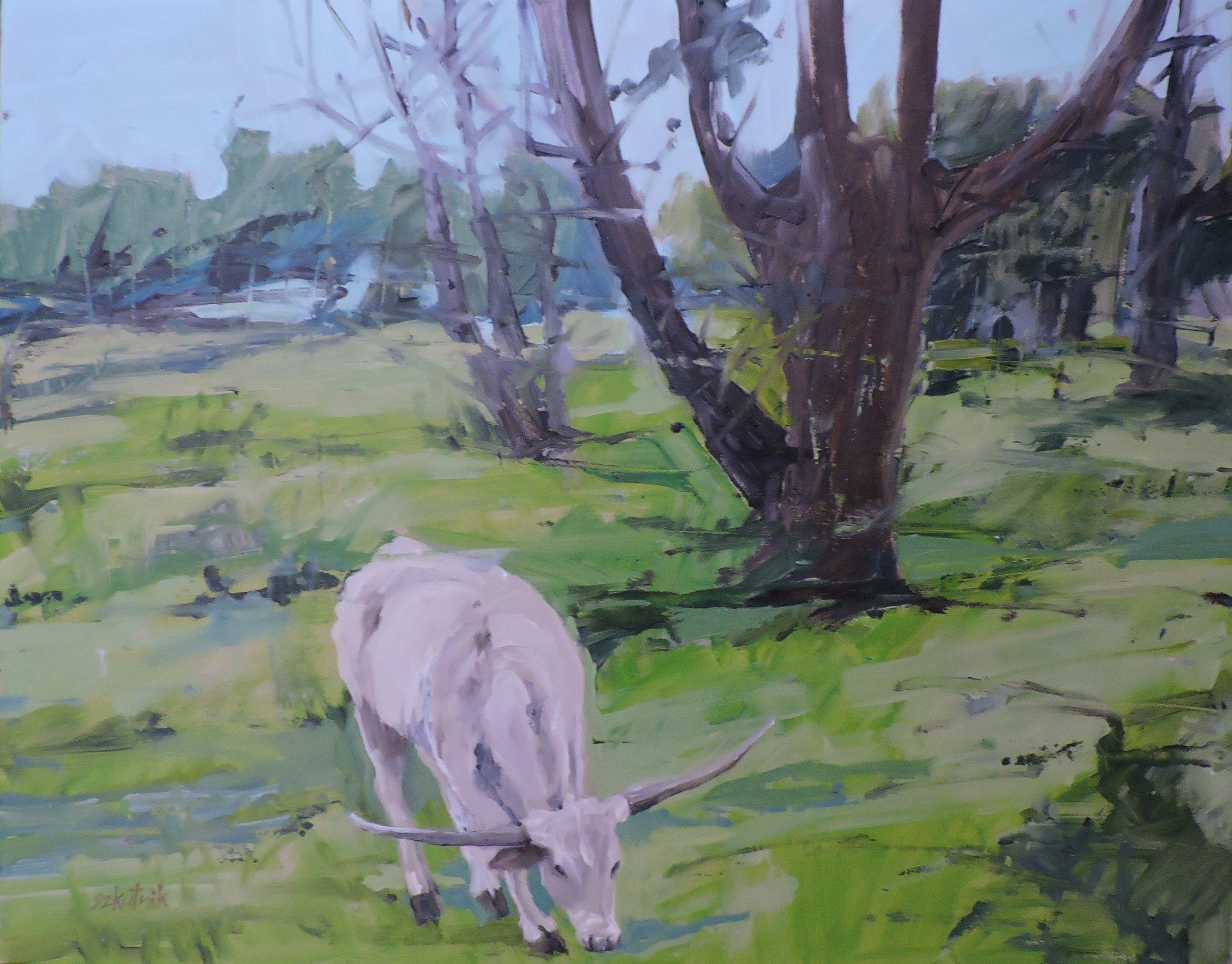 Texas Longhorn, Pittura, Olio su pannello di Wood - Painting di Richard Szkutnik