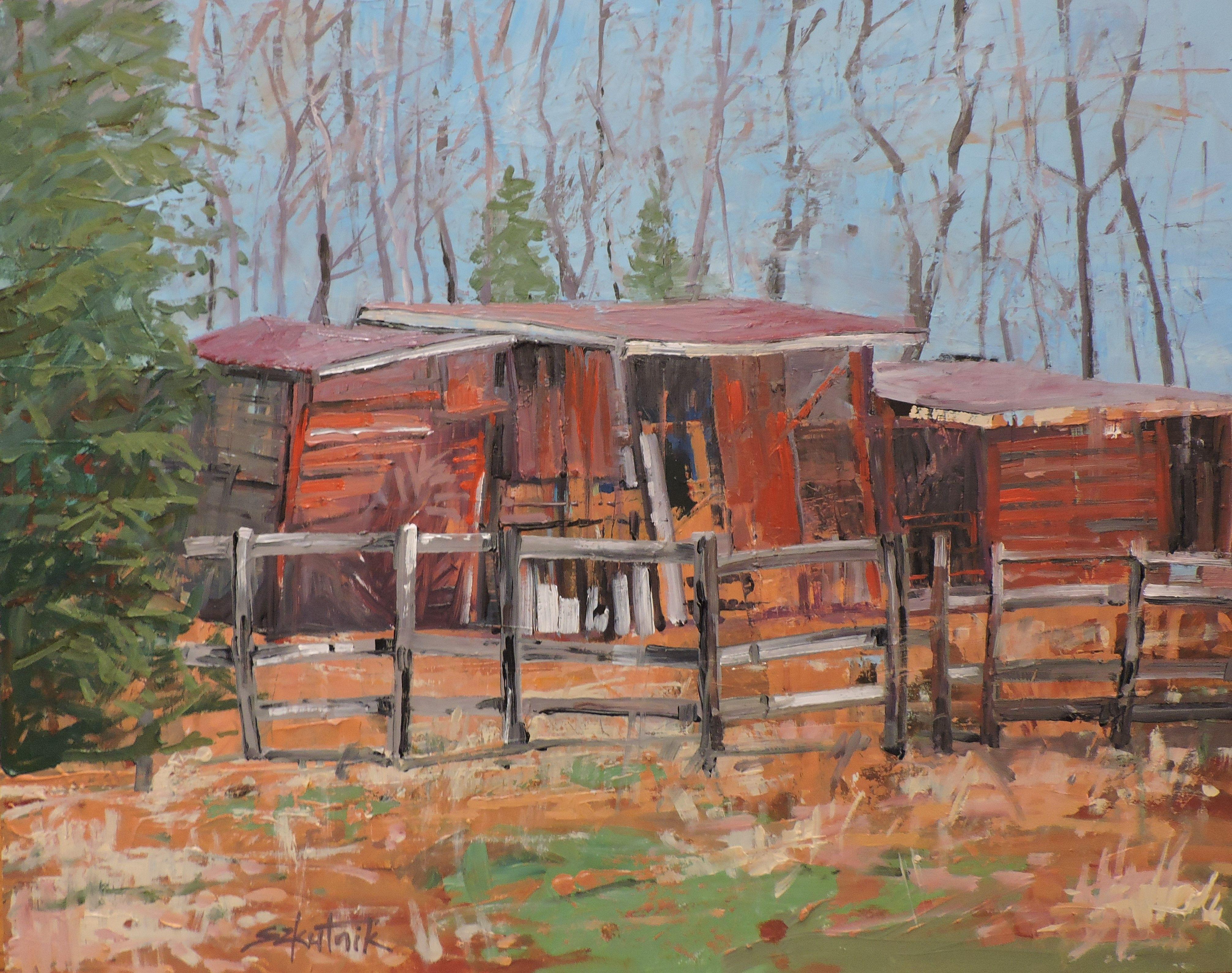 Tre capannoni, Pittura, Olio su pannello di Wood - Painting di Richard Szkutnik