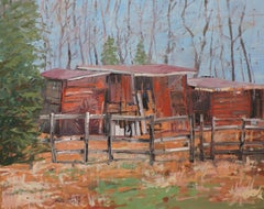 Three Sheds, Painting, Oil on Wood Panel