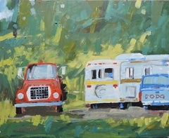 Trucks and Trailer, Painting, Oil on Wood Panel