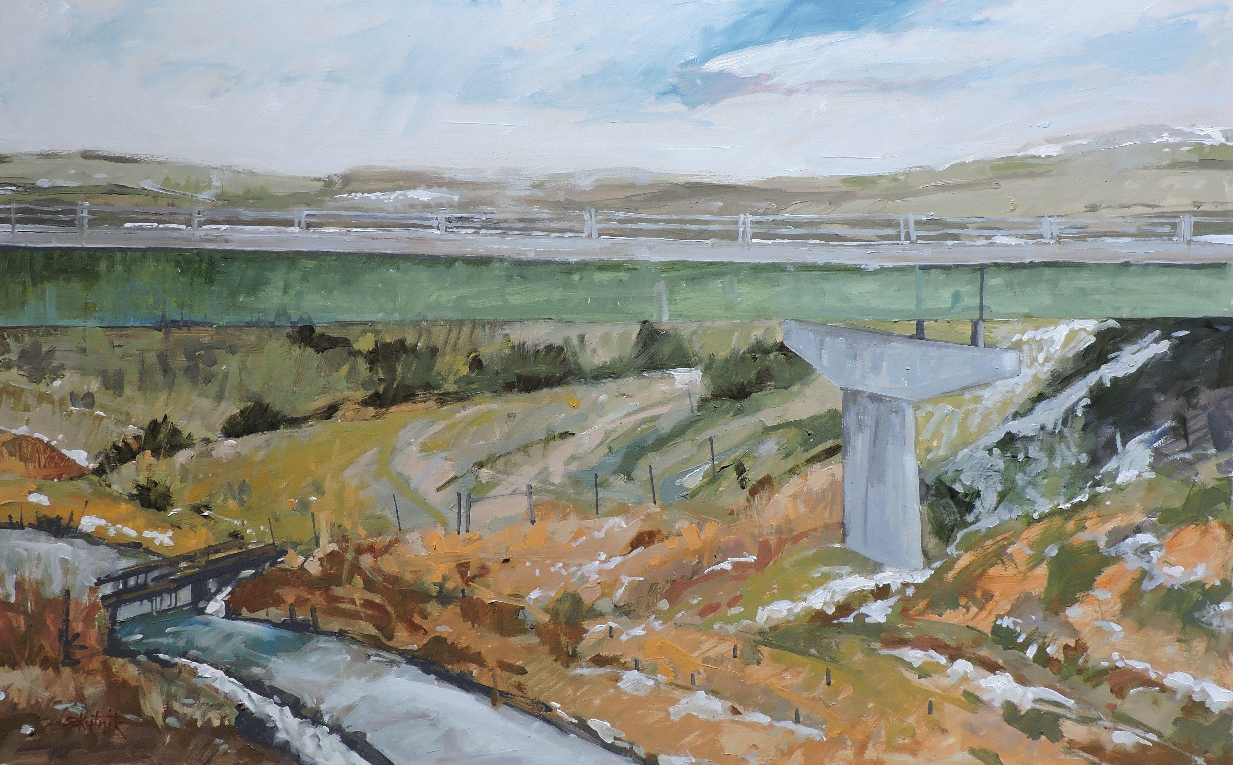 Sotto il ponte, Pittura, Olio su pannello di Wood - Painting di Richard Szkutnik