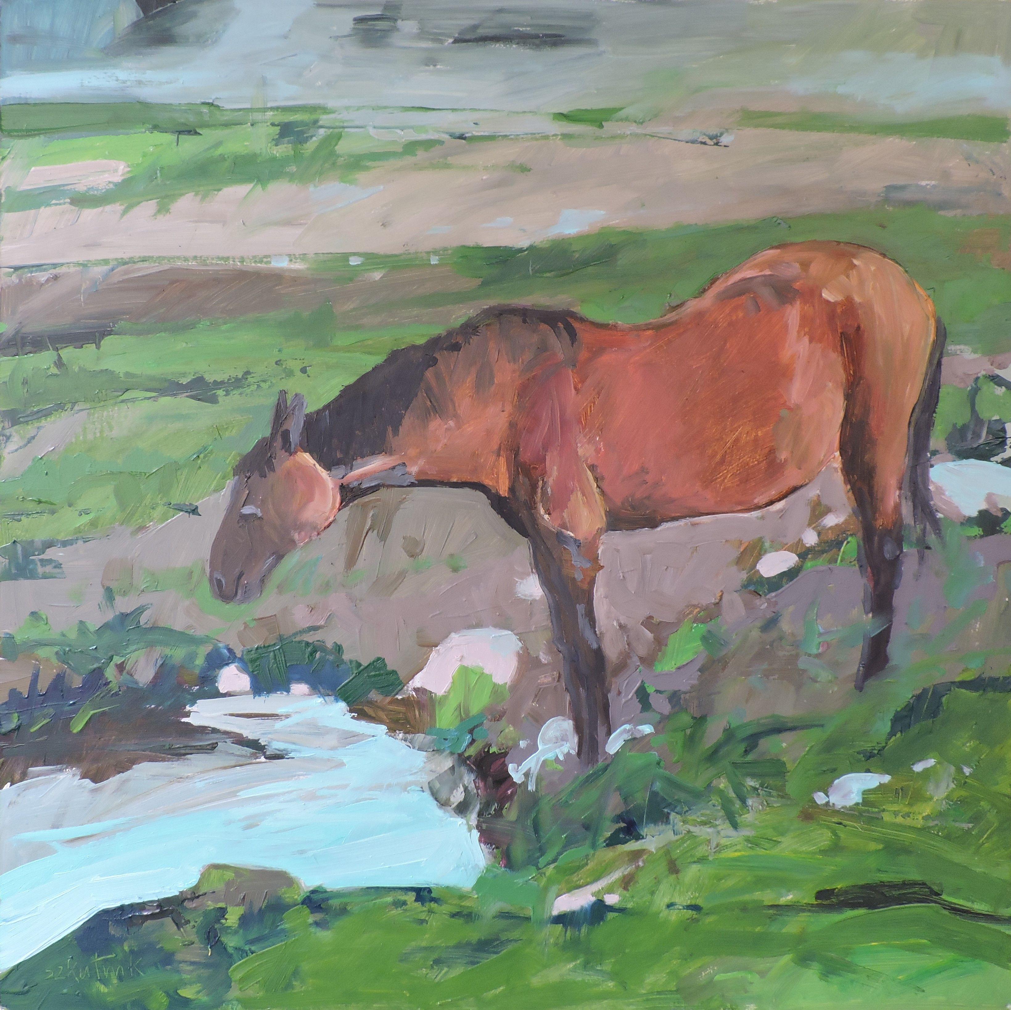 Wasser für Pferd, Gemälde, Öl auf Holzplatte – Painting von Richard Szkutnik