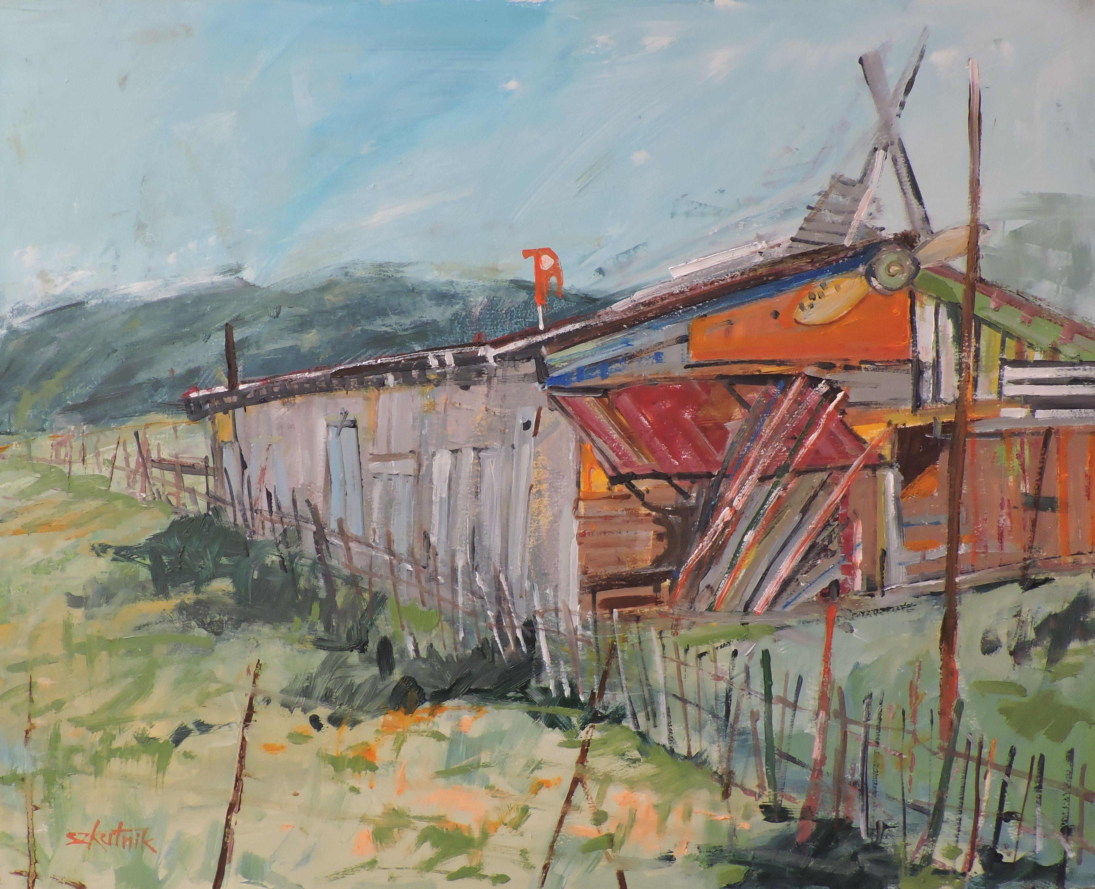 Whatville, Pittura, Olio su pannello di Wood - Painting di Richard Szkutnik