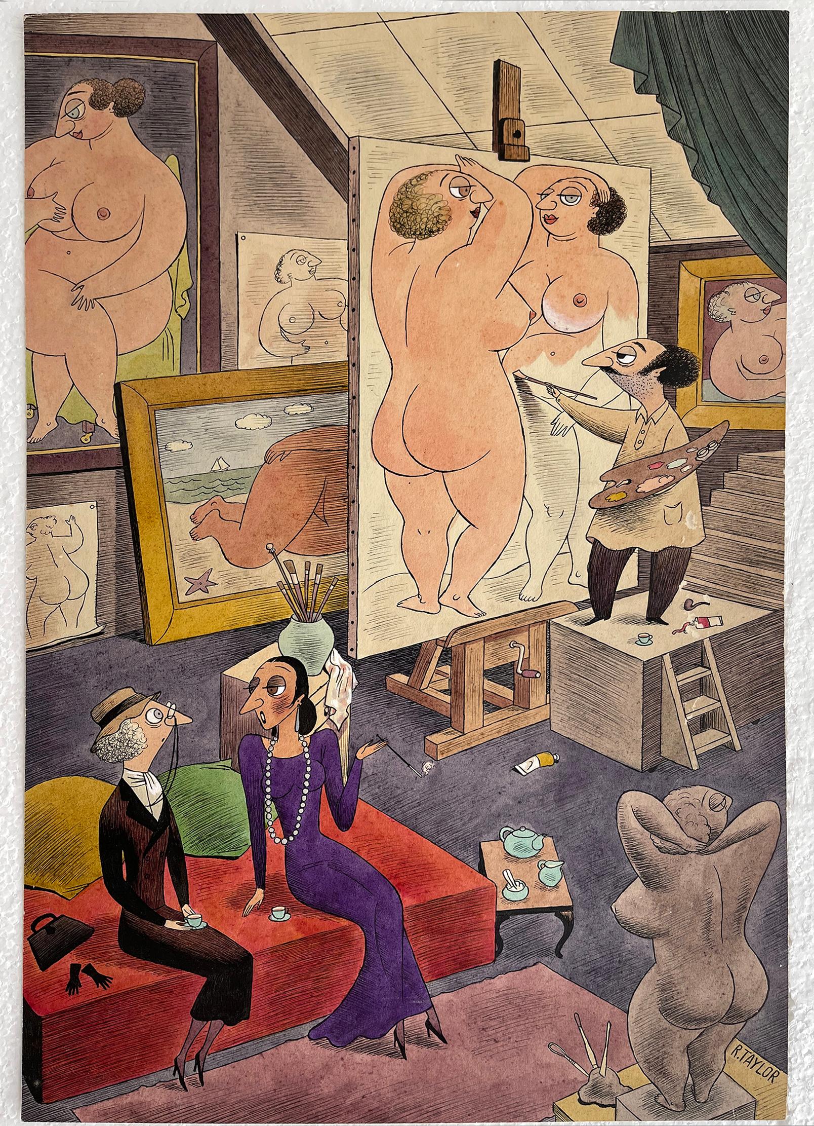 Artista pintando mujeres desnudas en estudio de artista - Quizás caricatura de Playboy en venta 3