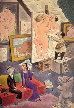 Artist Painting Nude Women in Artist Studio - Perhaps Playboy Cartoon 