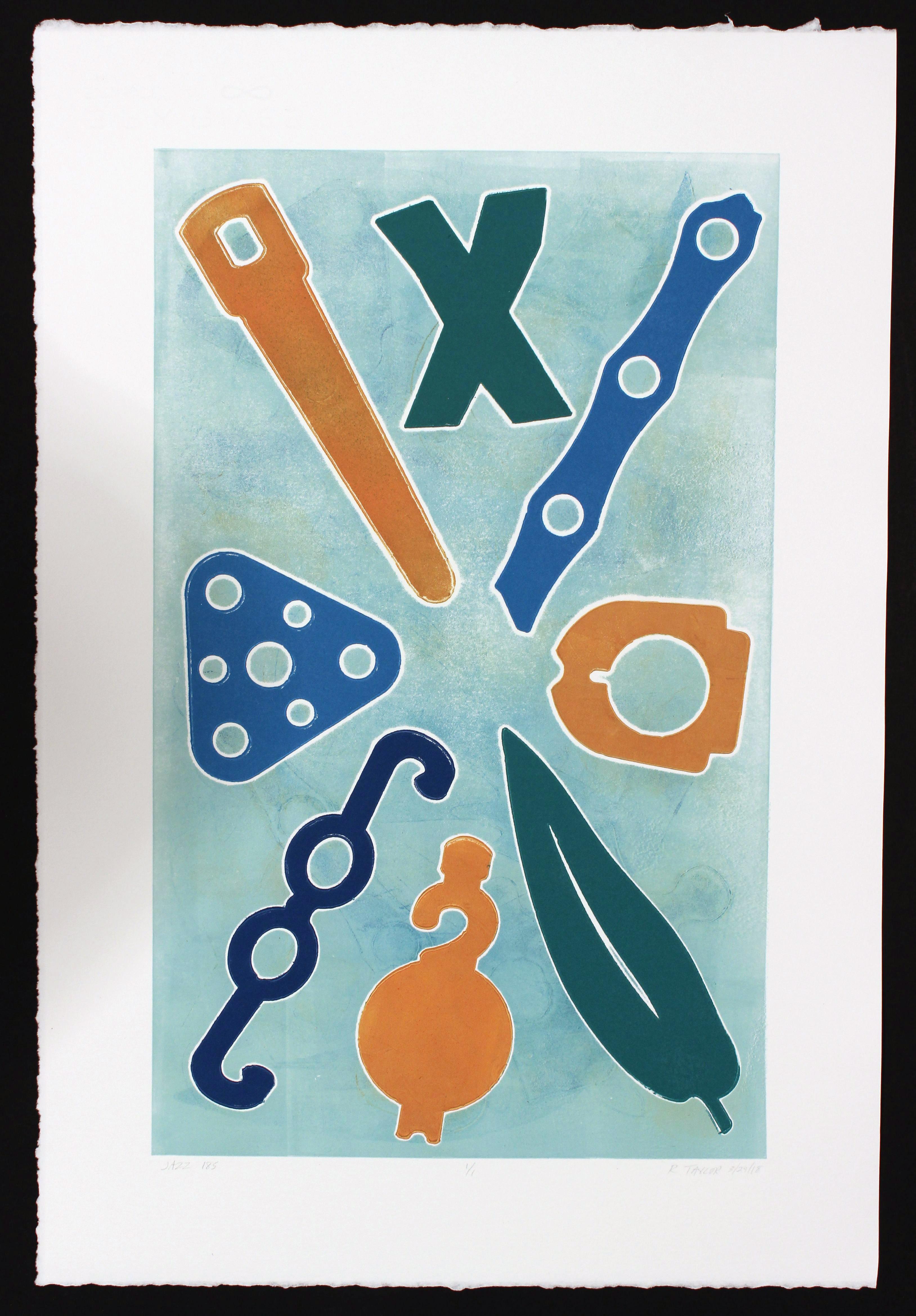 Gravure d'art, monotype, impression unique, impression à la main, "Jazz 185"