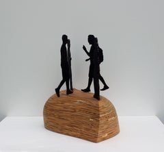 standing sculpture, tabletop, rusted steel, figurative, wood, "Gathering 3"