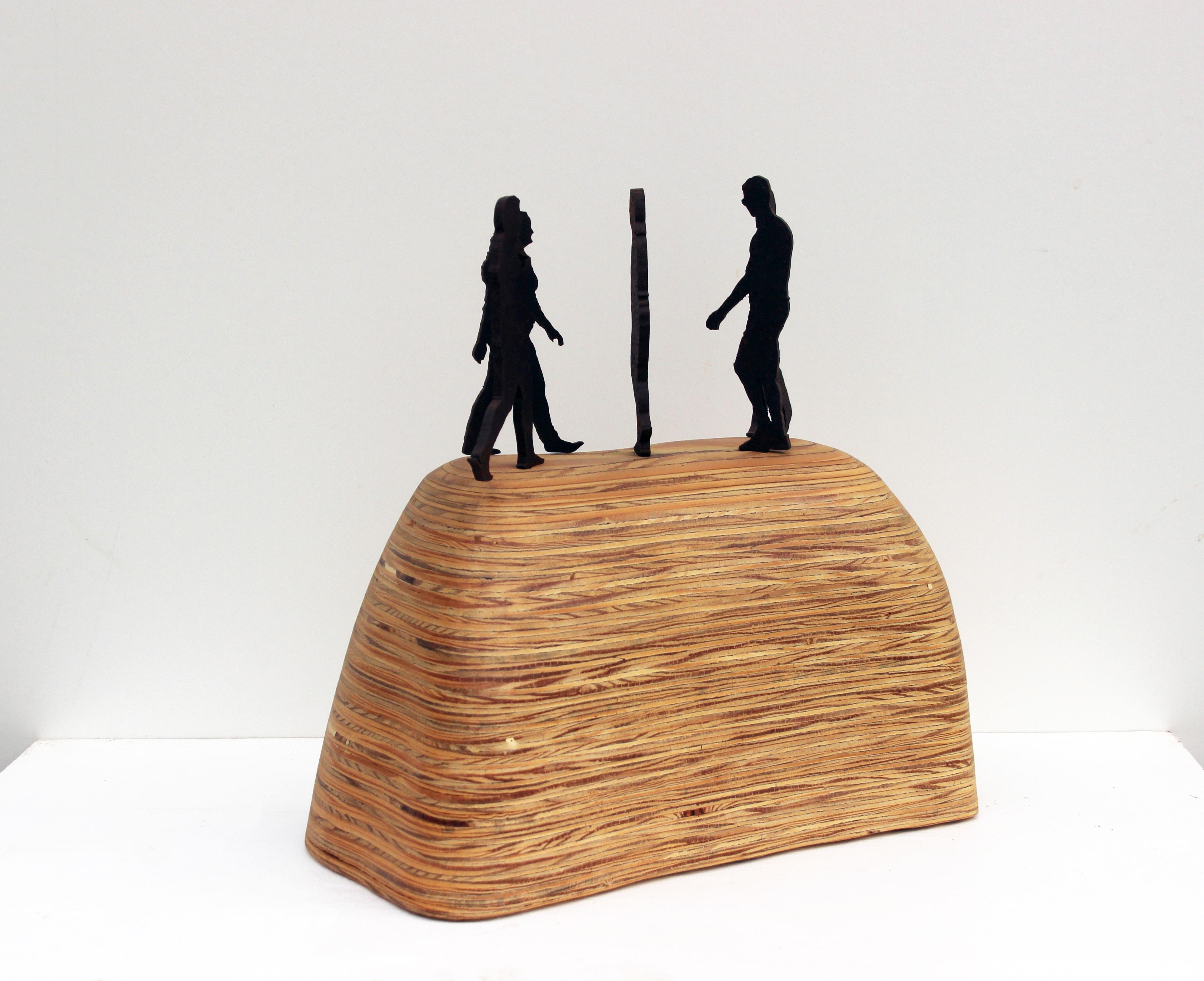 My series of Gathering sculptures are table-top pieces made from laminated plywood and rusted steel, combining organic elements with industrial elements. The wood is varied in color and texture with surface contrasts, and coated with a protective