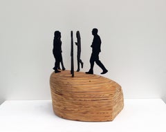 standing sculpture, tabletop, rusted steel, figurative, wood, "Gathering 7"