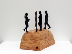 standing sculpture, tabletop, rusted steel, figurative, wood, "Gathering 8"