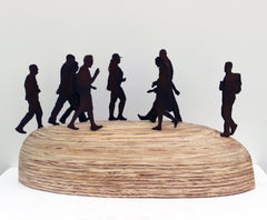 standing sculpture, tabletop, rusted steel, figurative, wood, "Gathering 9"