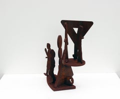 standing sculpture, tabletop, rusted steel, figurative, brown, "Small Town 1"
