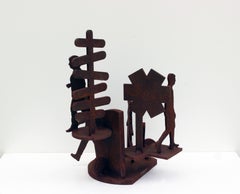 standing sculpture, tabletop, rusted steel, figurative, brown, "Small Town 2"