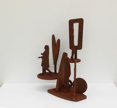 standing sculpture, tabletop, rusted steel, figurative, brown, "Small Town 3"