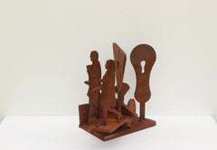 standing sculpture, tabletop, rusted steel, figurative, brown, "Small Town 4"
