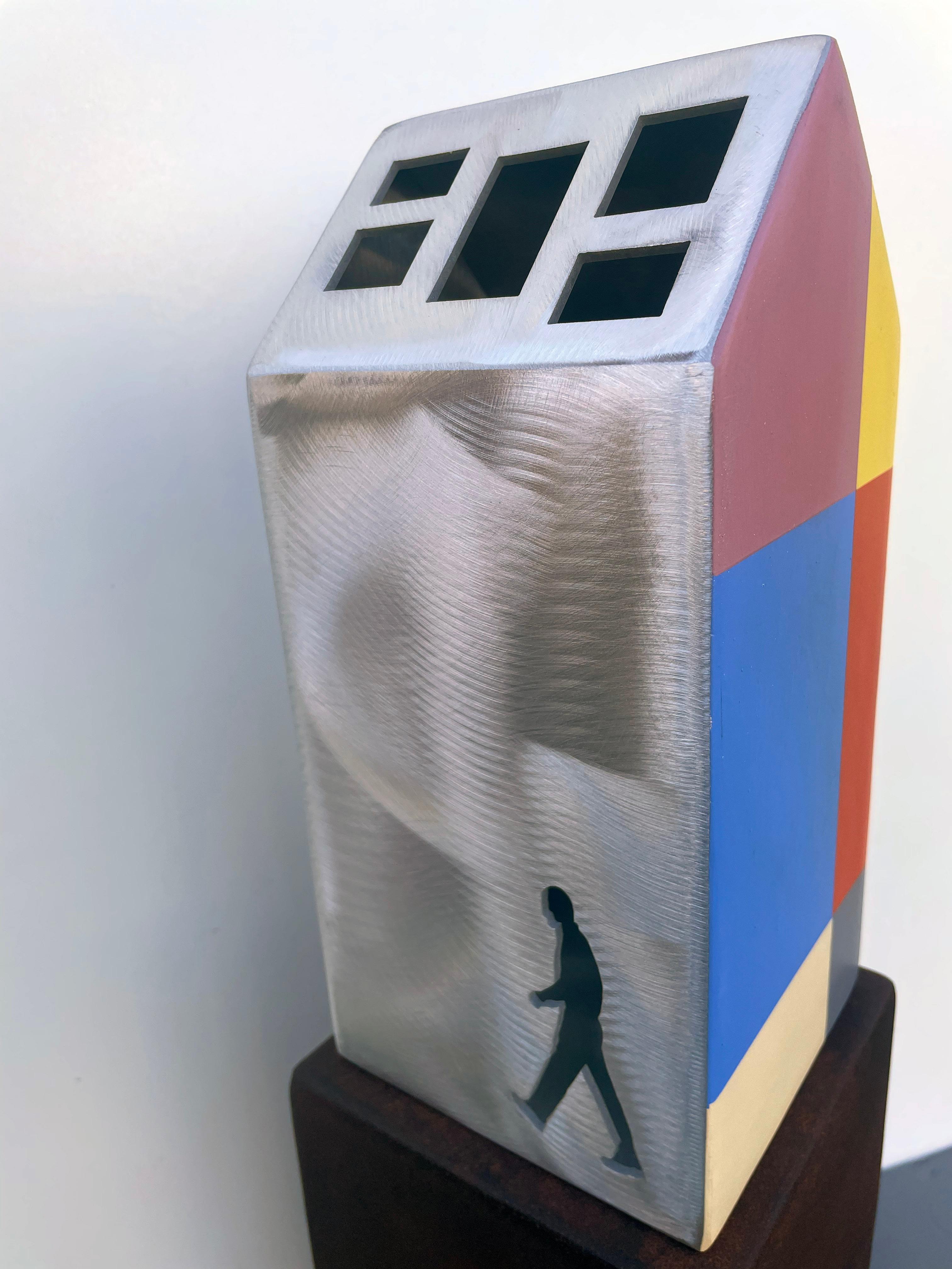 tabletop sculpture, indoor sculpture, metal, colorful; “Shelter – Edinburgh” is from my Shelter Series of tabletop sculptures. They make reference to the basic design of the human shelter form, and its universality around the world. Shelters not