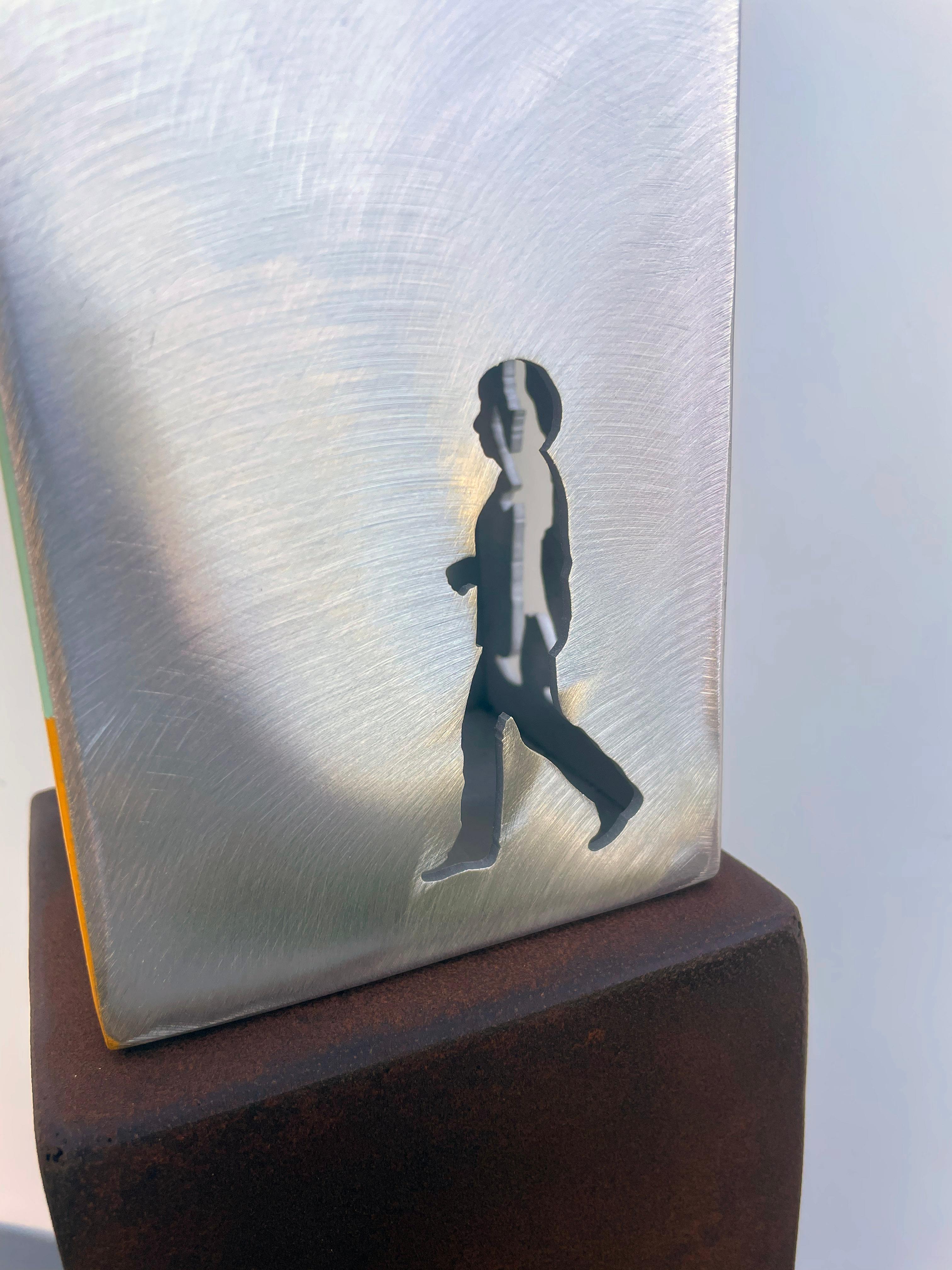 tabletop sculpture, indoor sculpture, metal, colorful; “Shelter – Grand Marais” is from my Shelter Series of tabletop sculptures. They make reference to the basic design of the human shelter form, and its universality around the world. Shelters not
