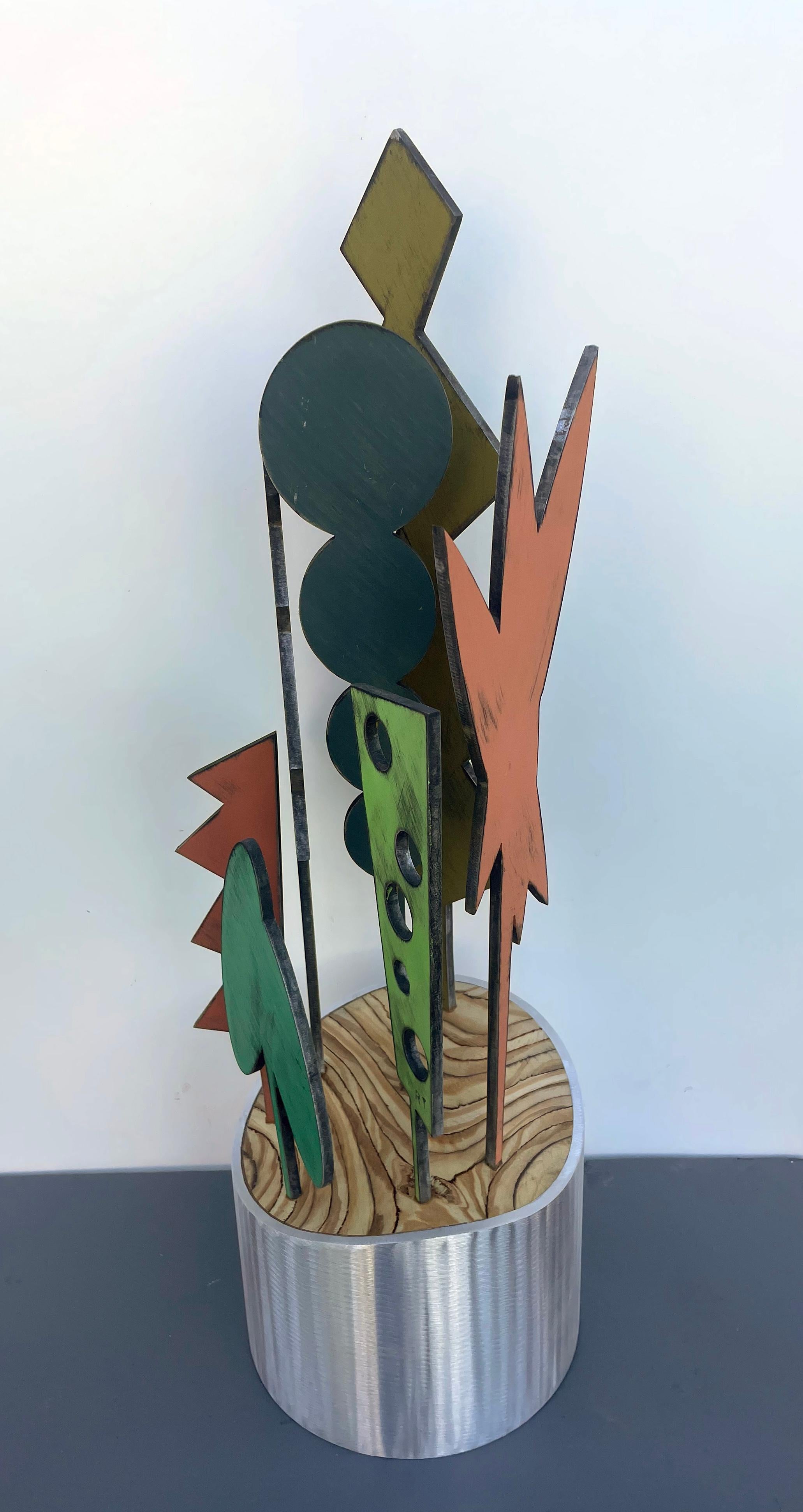 tabletop sculpture, indoor sculpture, wood and metal, color 