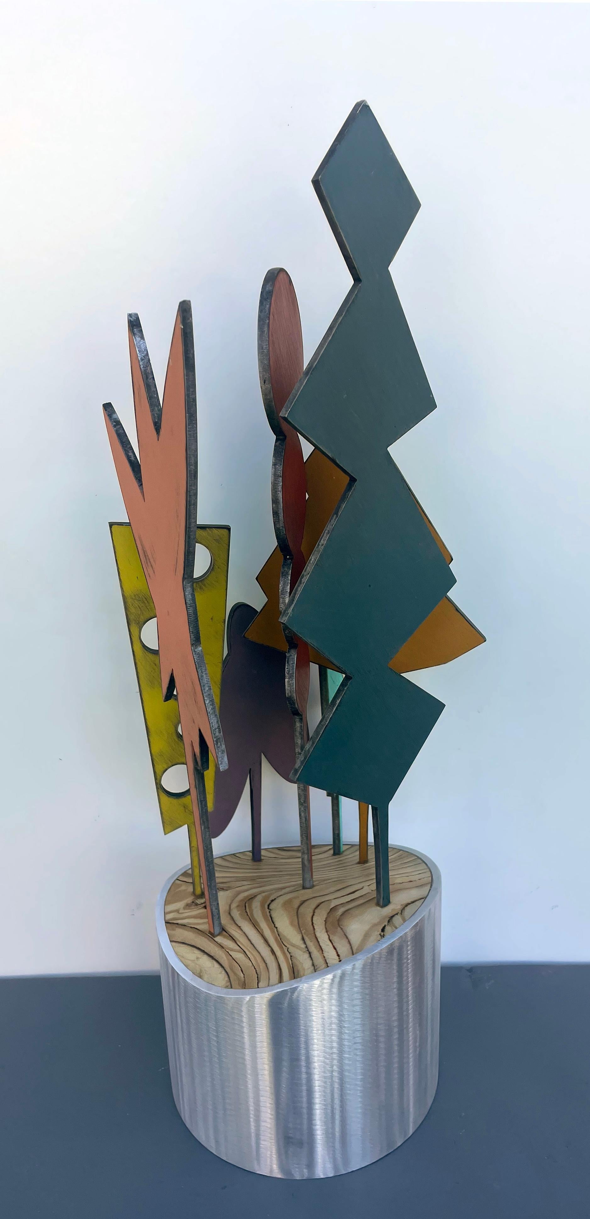 tabletop sculpture, indoor sculpture, wood and metal, color 