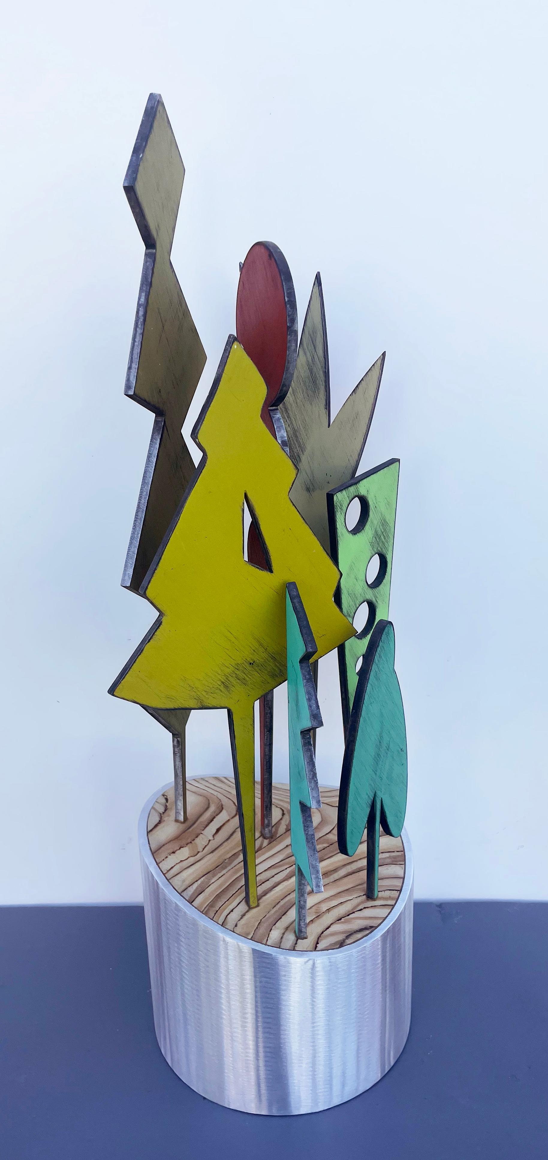 tabletop sculpture, indoor sculpture, wood and metal, color 