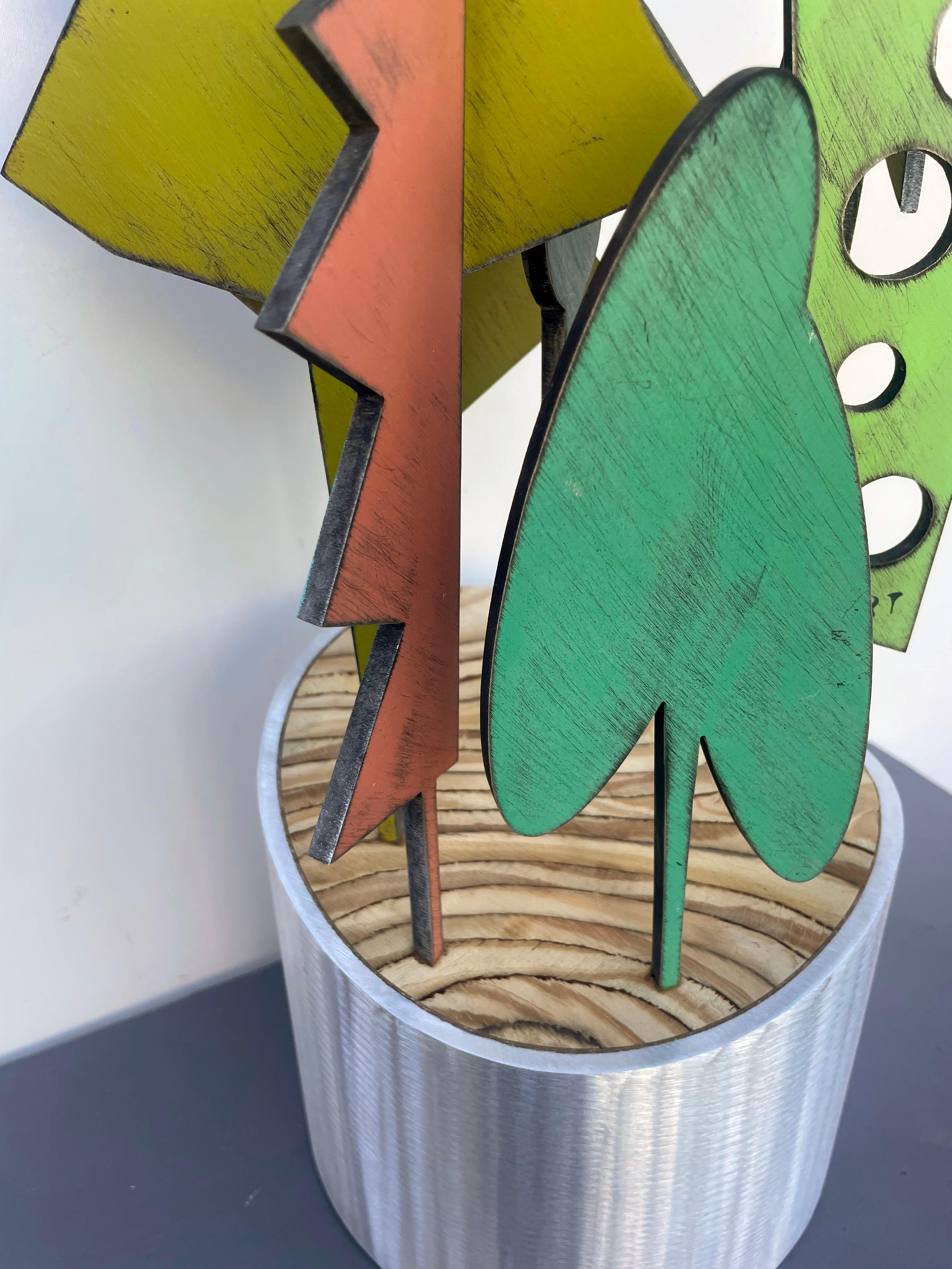 tabletop sculpture, indoor sculpture, wood and metal, color 