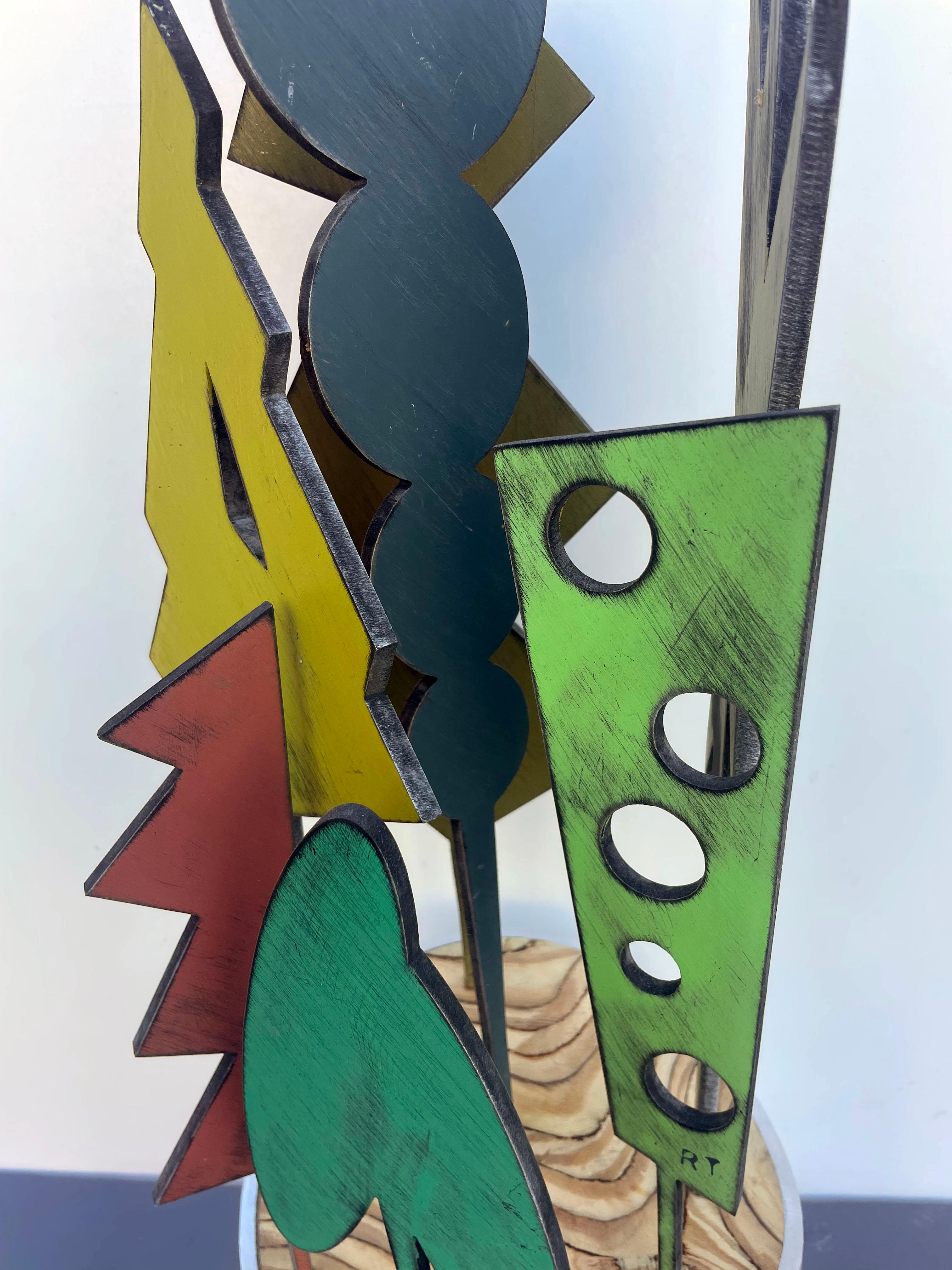 tabletop sculpture, indoor sculpture, wood and metal, color 