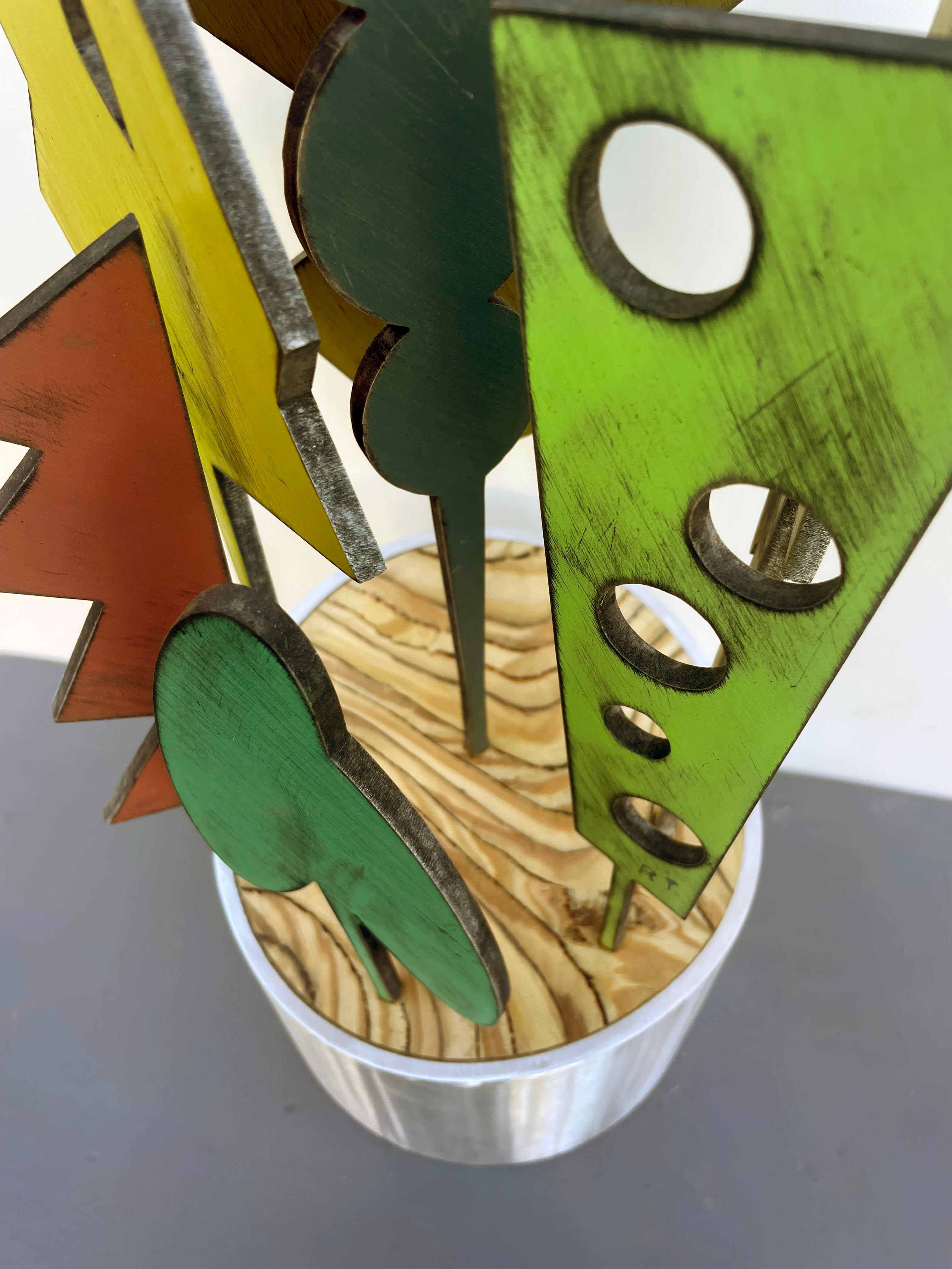 tabletop sculpture, indoor sculpture, wood and metal, color 