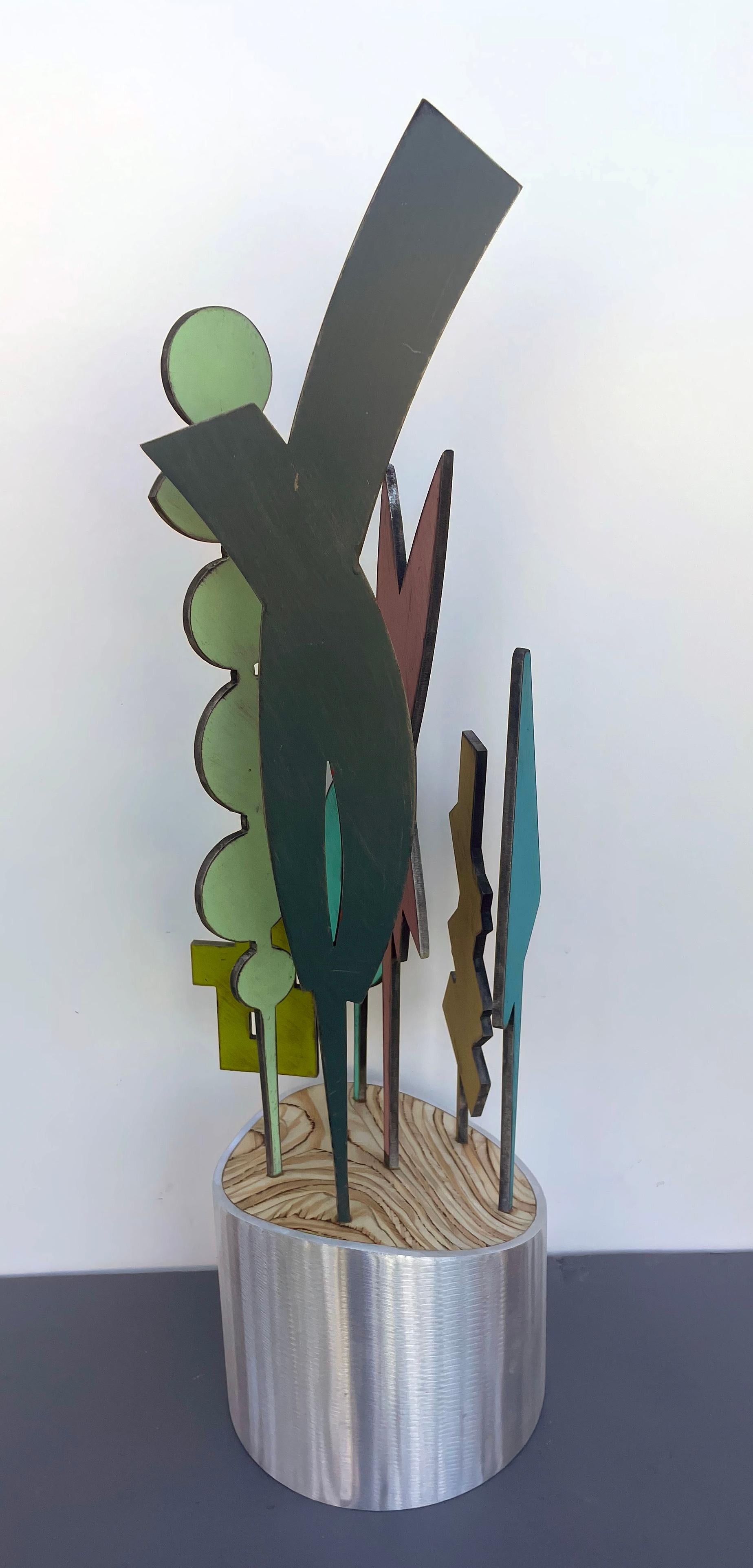 sculpture de table, sculpture d'intérieur, bois et métal, colorée, 