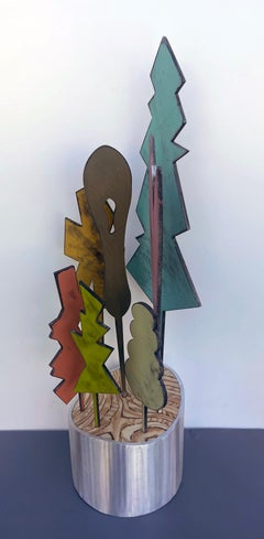 tabletop sculpture, indoor sculpture, wood and metal, colorful, "Planet - Ash"