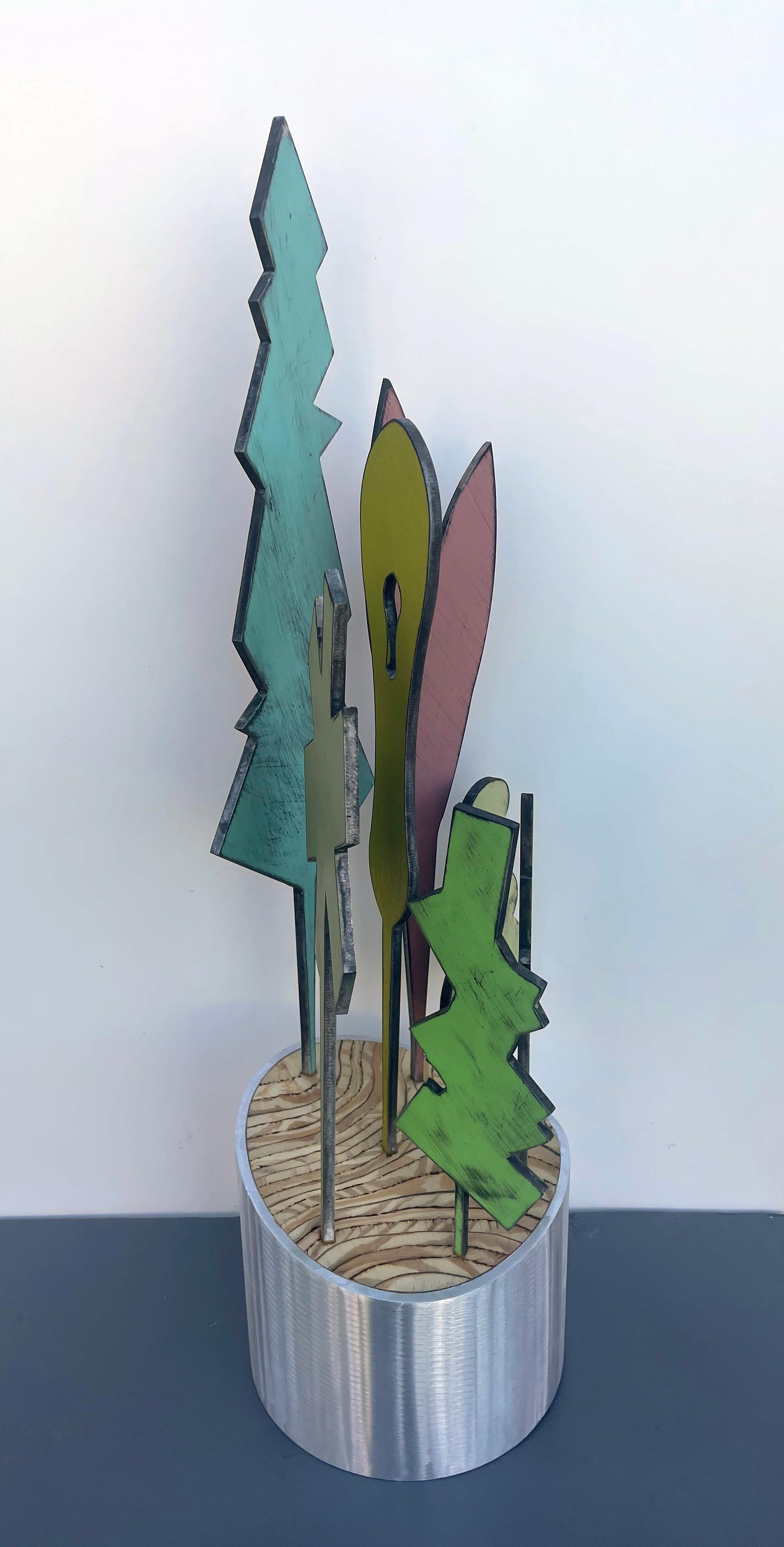 sculpture de table, sculpture d'intérieur, bois et métal, colorée, 