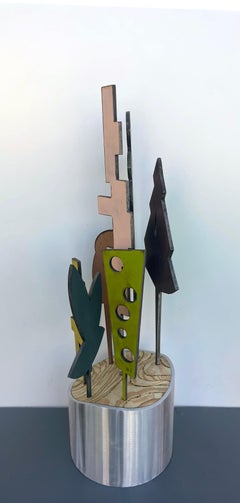 tabletop sculpture, indoor sculpture, wood and metal, colorful, "Planet - Cedar"