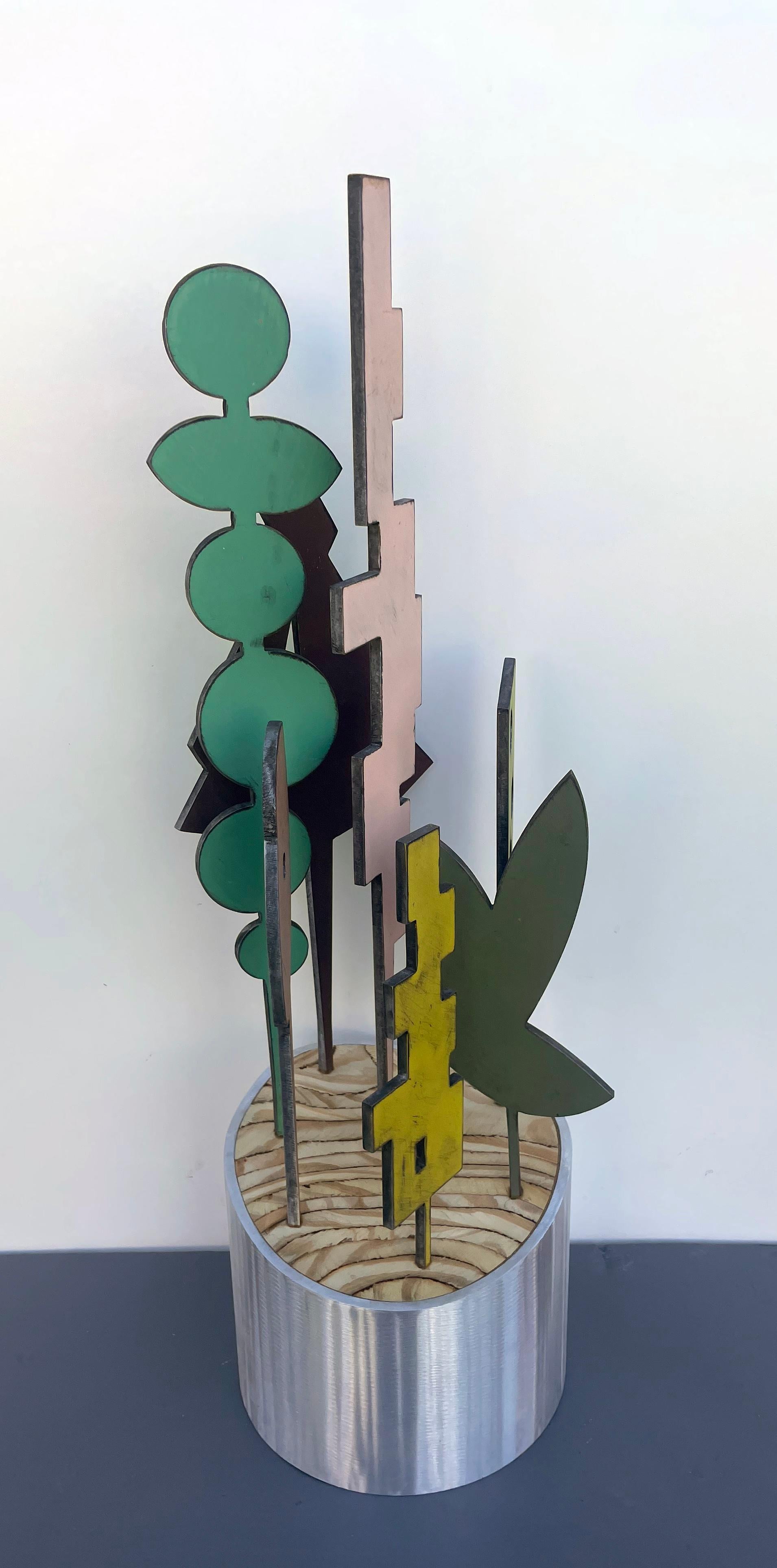 sculpture de table, sculpture d'intérieur, bois et métal, colorée, 