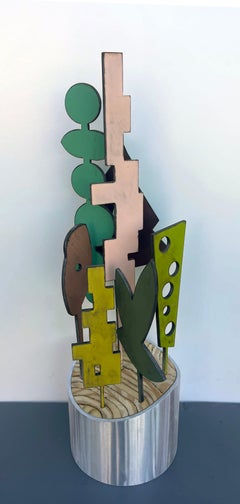 sculpture de table, sculpture d'intérieur, bois et métal, colorée, "Planète - Cèdre"