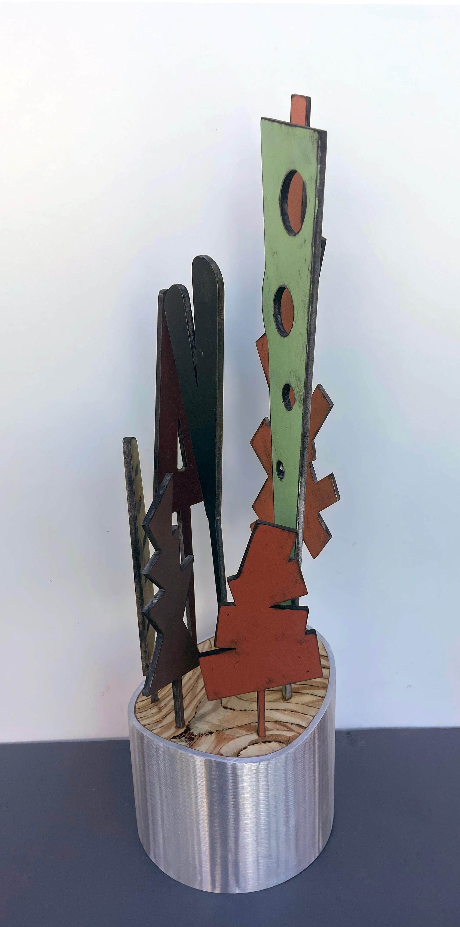 sculpture de table, sculpture d'intérieur, bois et métal, colorée, 